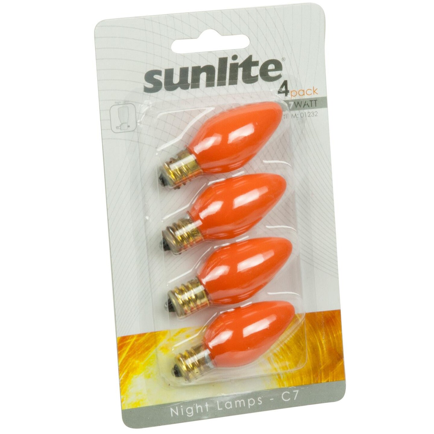 4Pk SUNLITE 7w Candelabra C7 Colored Night Light Ceramic Orange