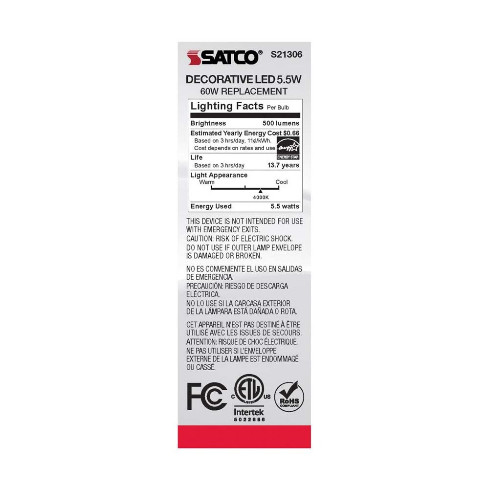 Satco 5.5w CA10 LED 4000K Candelabra Base Dimmable - 60w equiv