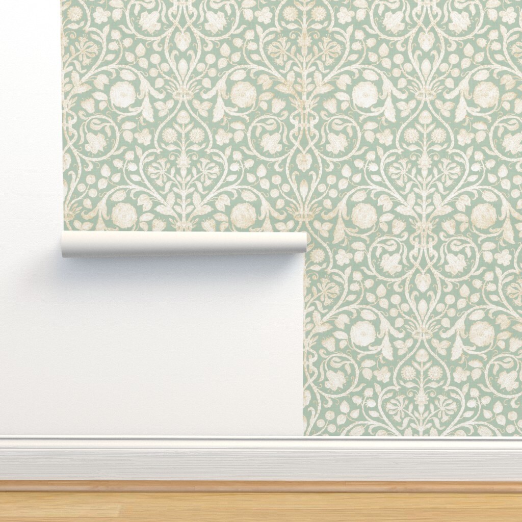 Mint Damask Floral Garden Victorian Arts And Crafts French Botanical Green Aqua Gray Custom Removable Wallpaper by Spoonflower Peel & Stick Wallpaper 2FT Wide