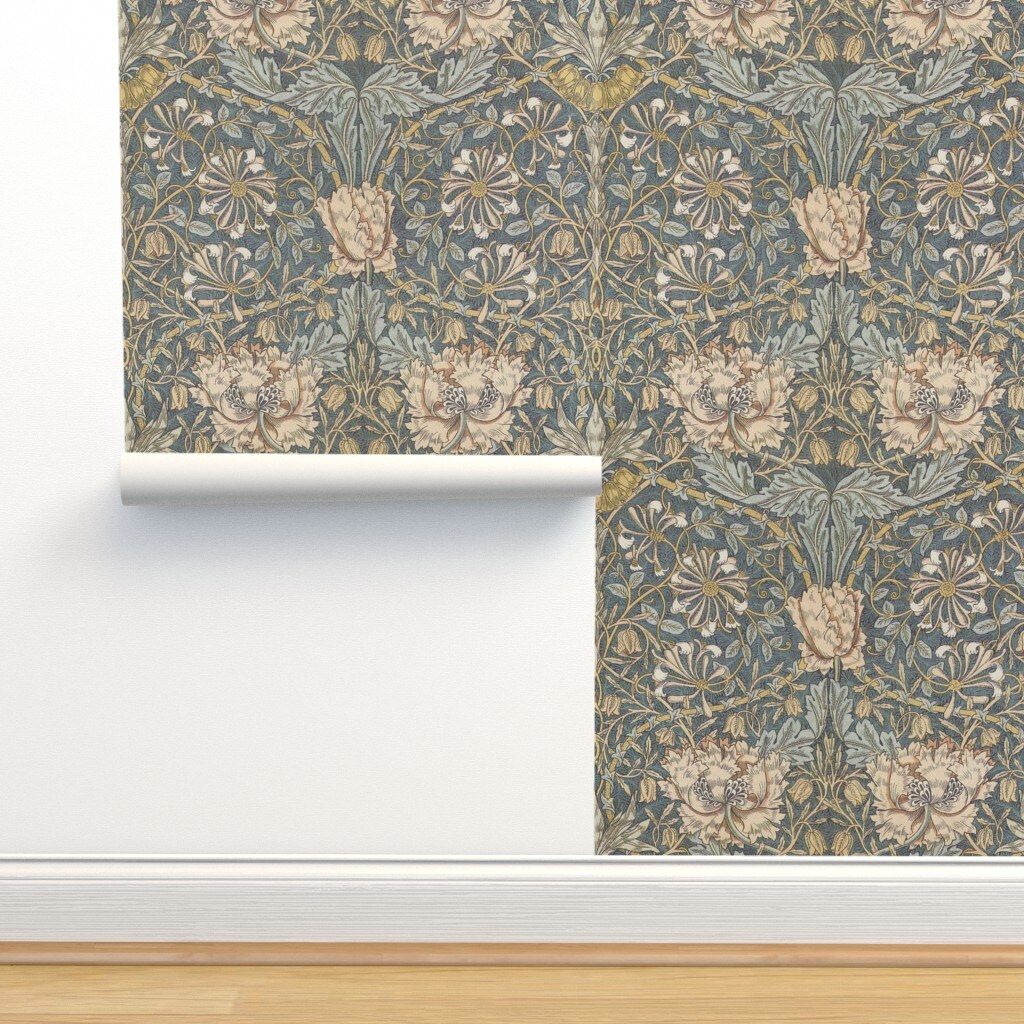 Floral Damask Victorian Vintage Style Edwardian Arts And Crafts Gray Blue Tan Custom Pre-pasted Wallpaper by Spoonflower Pre-Pasted Wallpaper 2FT Wide