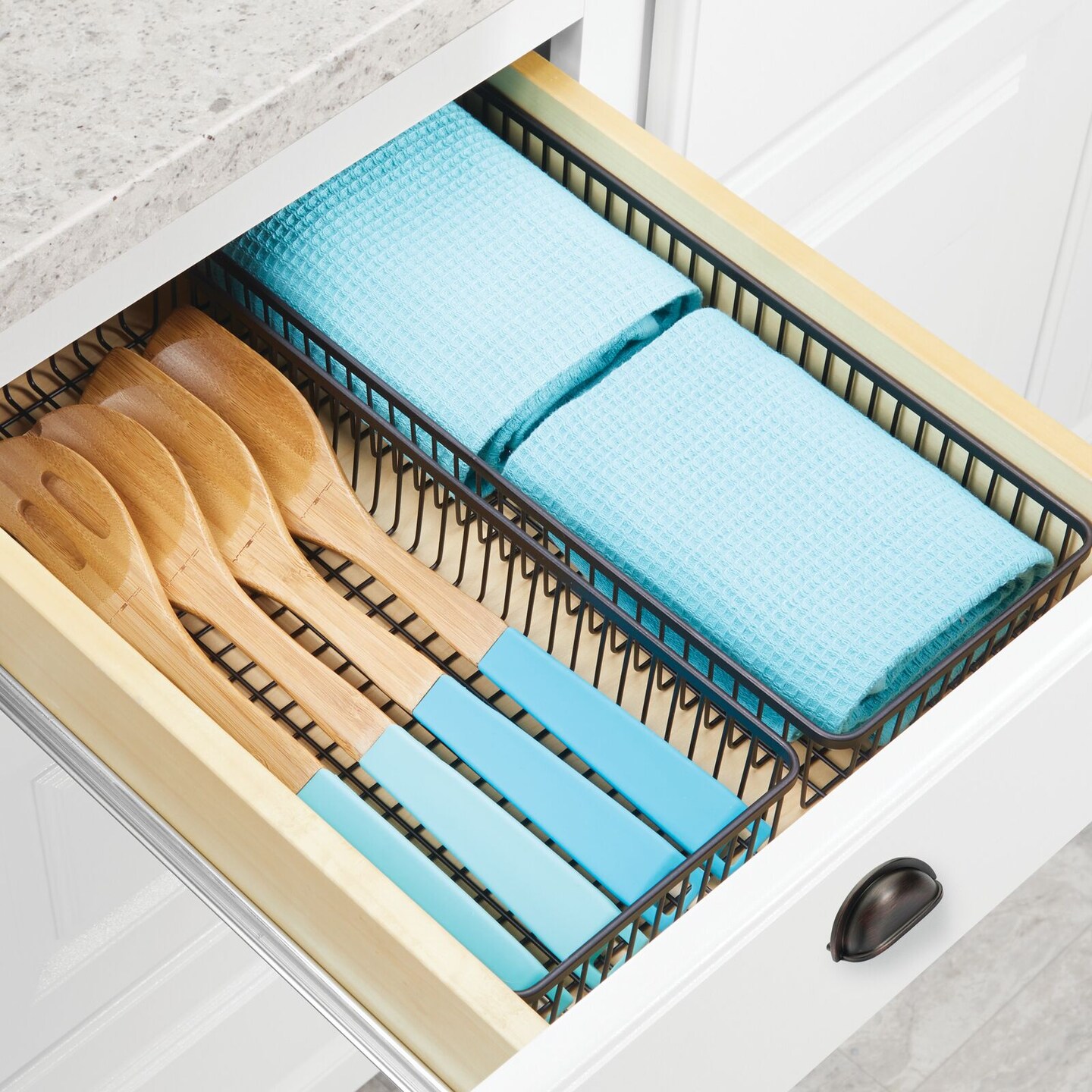 mDesign Metal Farmhouse Kitchen Cabinet Drawer Organizer Basket