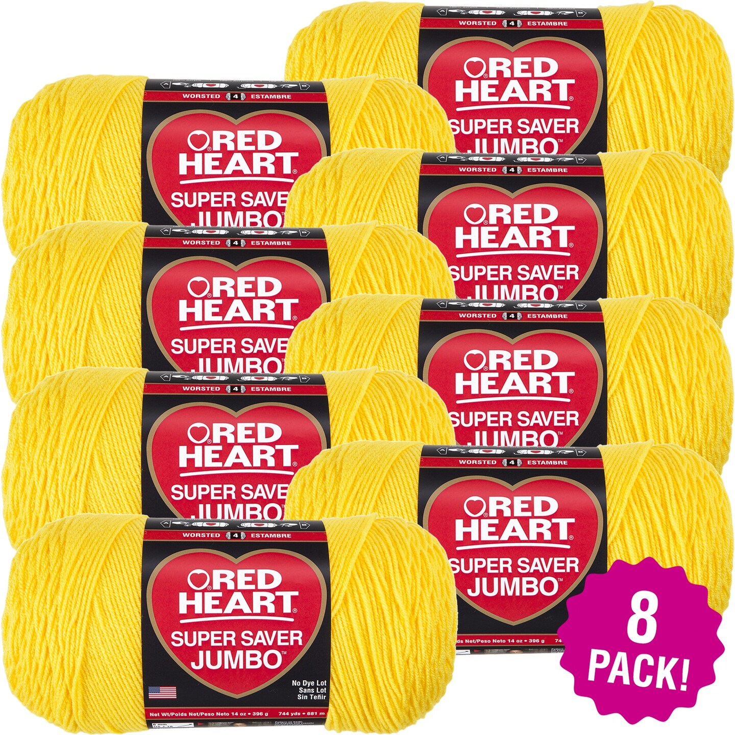 Multipack of 8 - Red Heart Super Saver Jumbo Yarn-Bright Yellow