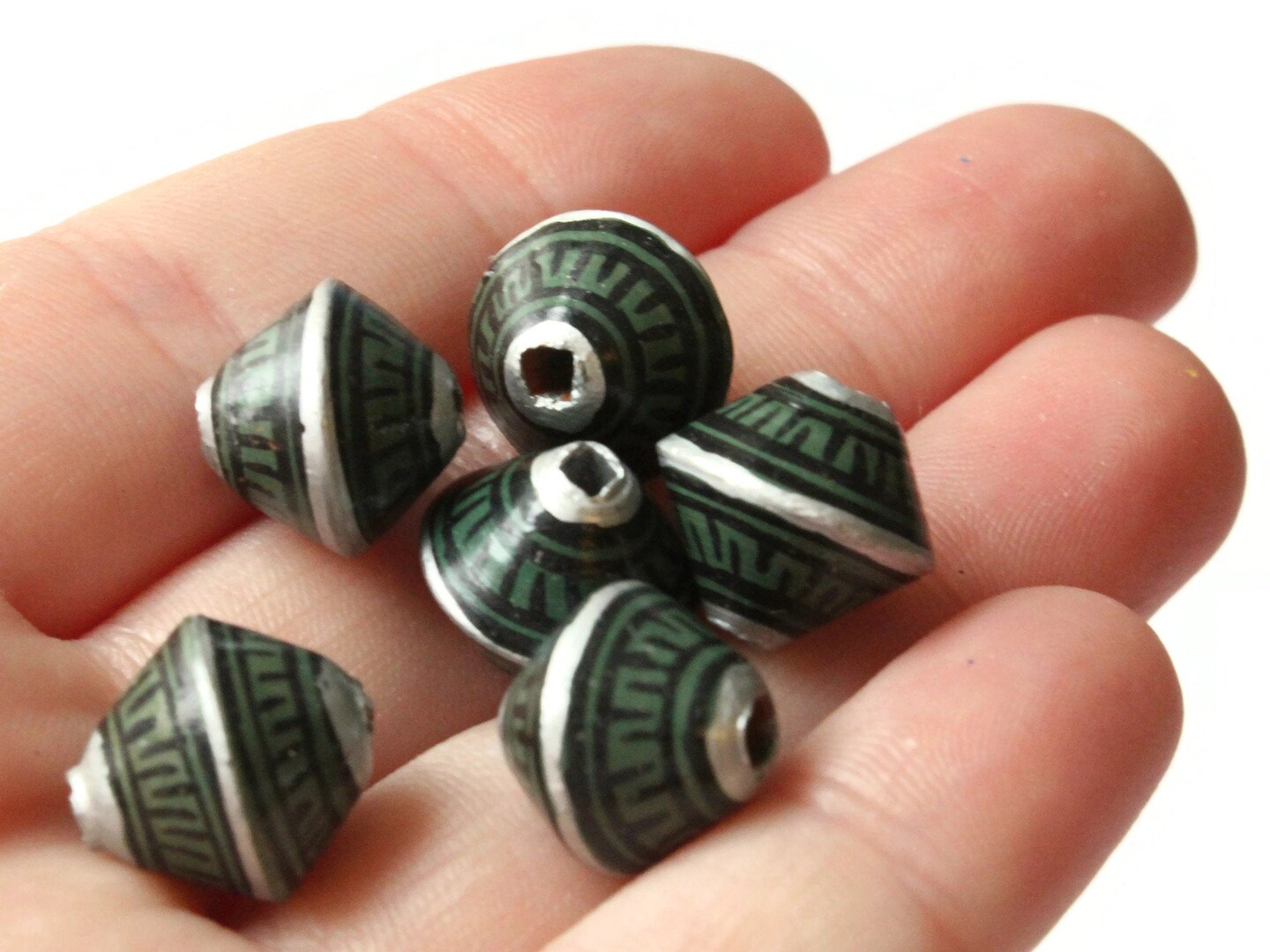 6 12mm Vintage Painted Peruvian Clay Beads - Green Silver and Black Patterned Bicone Beads