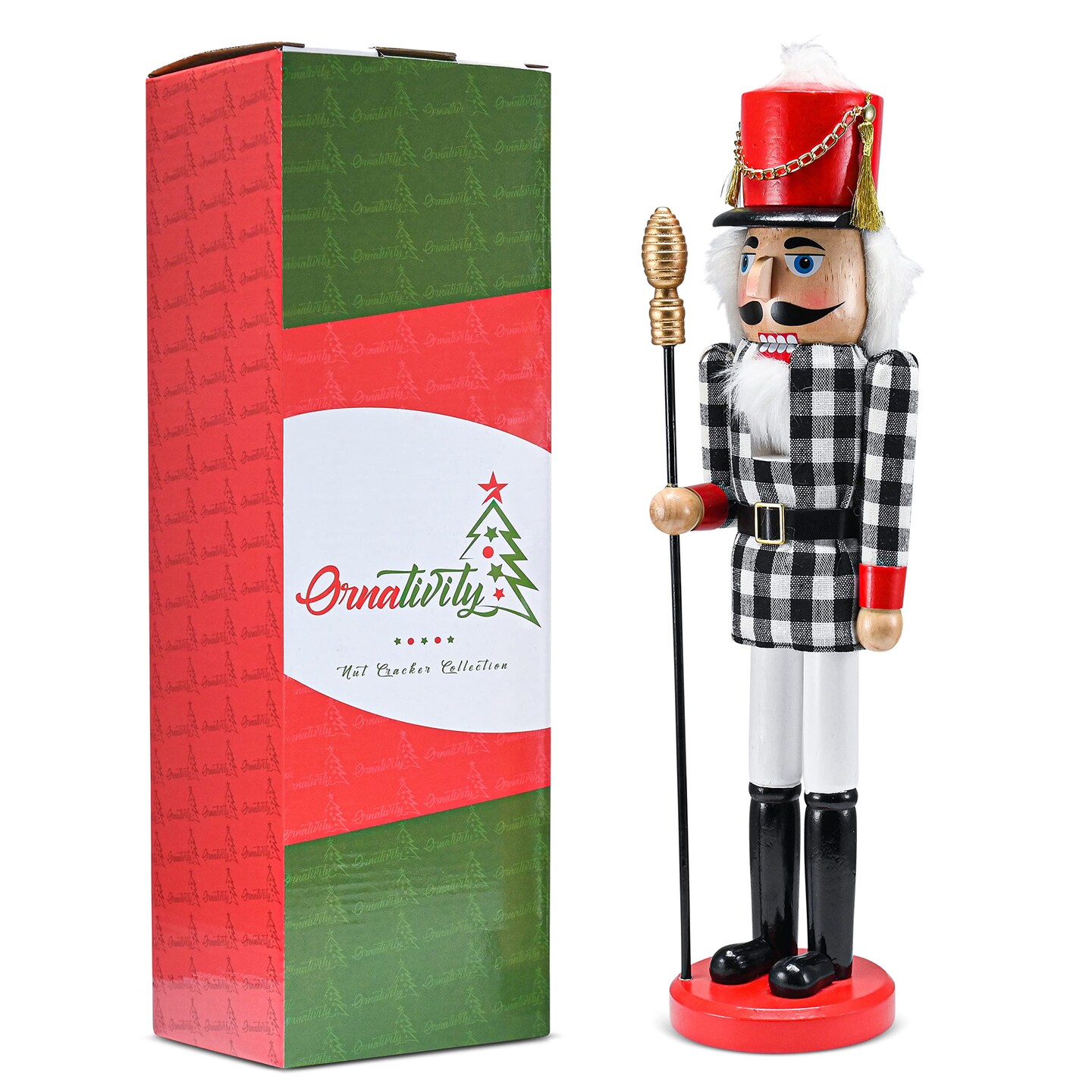 Ornativity Christmas Checkered Soldier Nutcracker – Black and White Wooden Nutcracker Toy Soldier Knight with a Staff in Hand Xmas Themed Holiday Nut Cracker Doll Figure Decorations