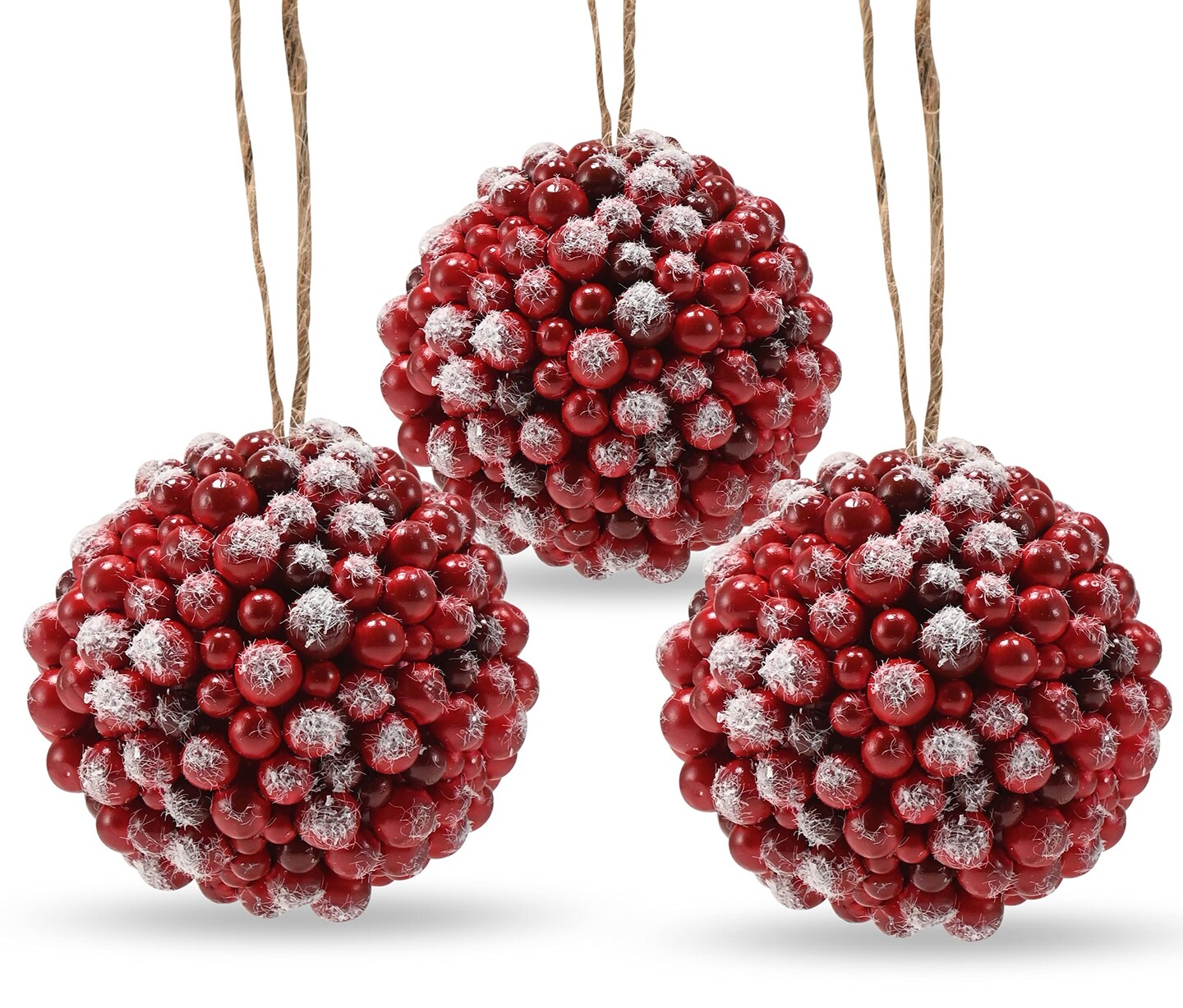 Ornativity Frosted Red Berries Ornaments - Glittered White Snowflakes on Realistic Red Cranberry Berries Ball Ornament with Rustic Twine String Christmas Tree Decoration Set - Pack of 12