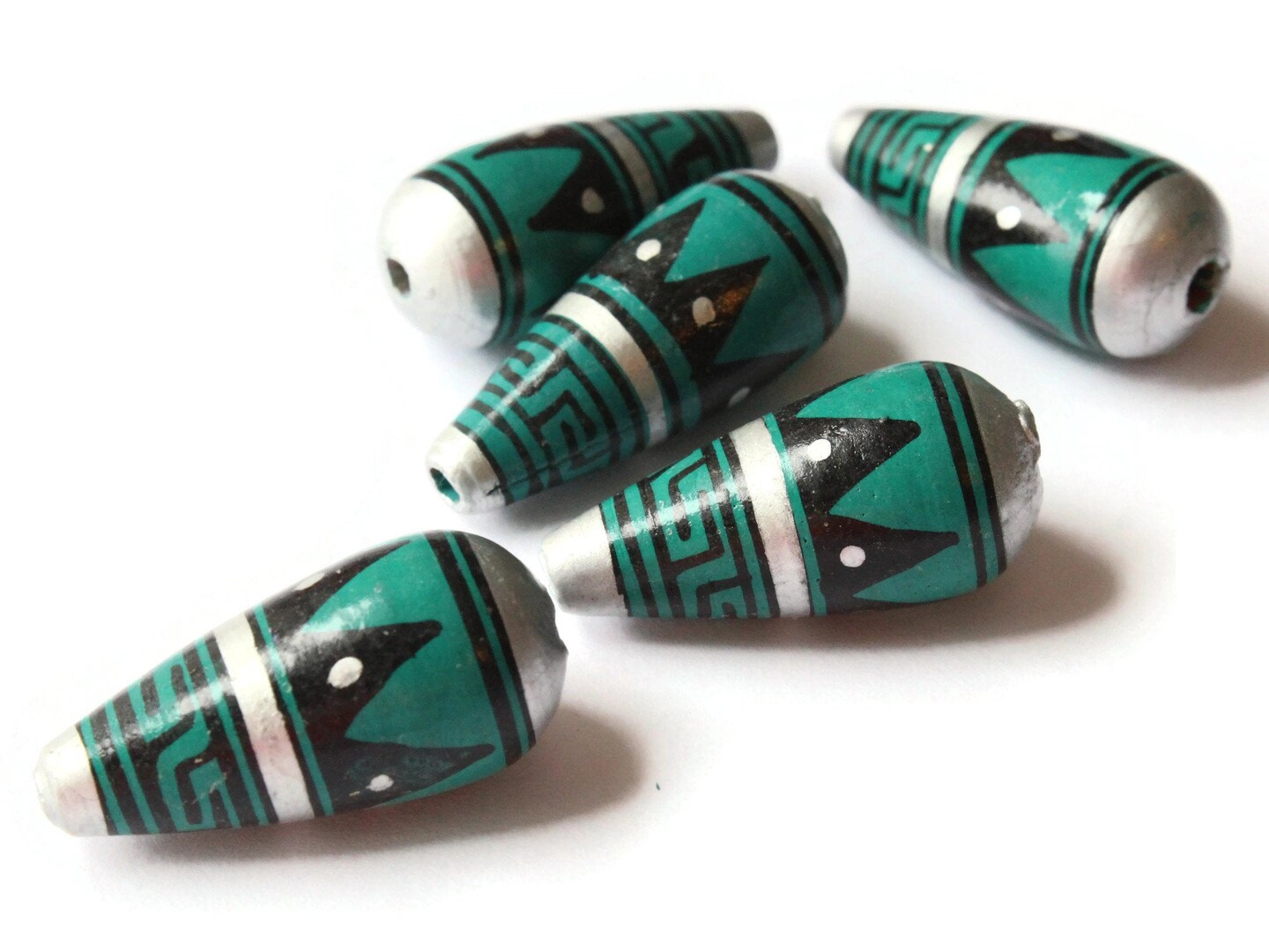 5 28mm Vintage Painted Peruvian Clay Beads - Teal, Silver, and Black Patterned Teardrop Beads