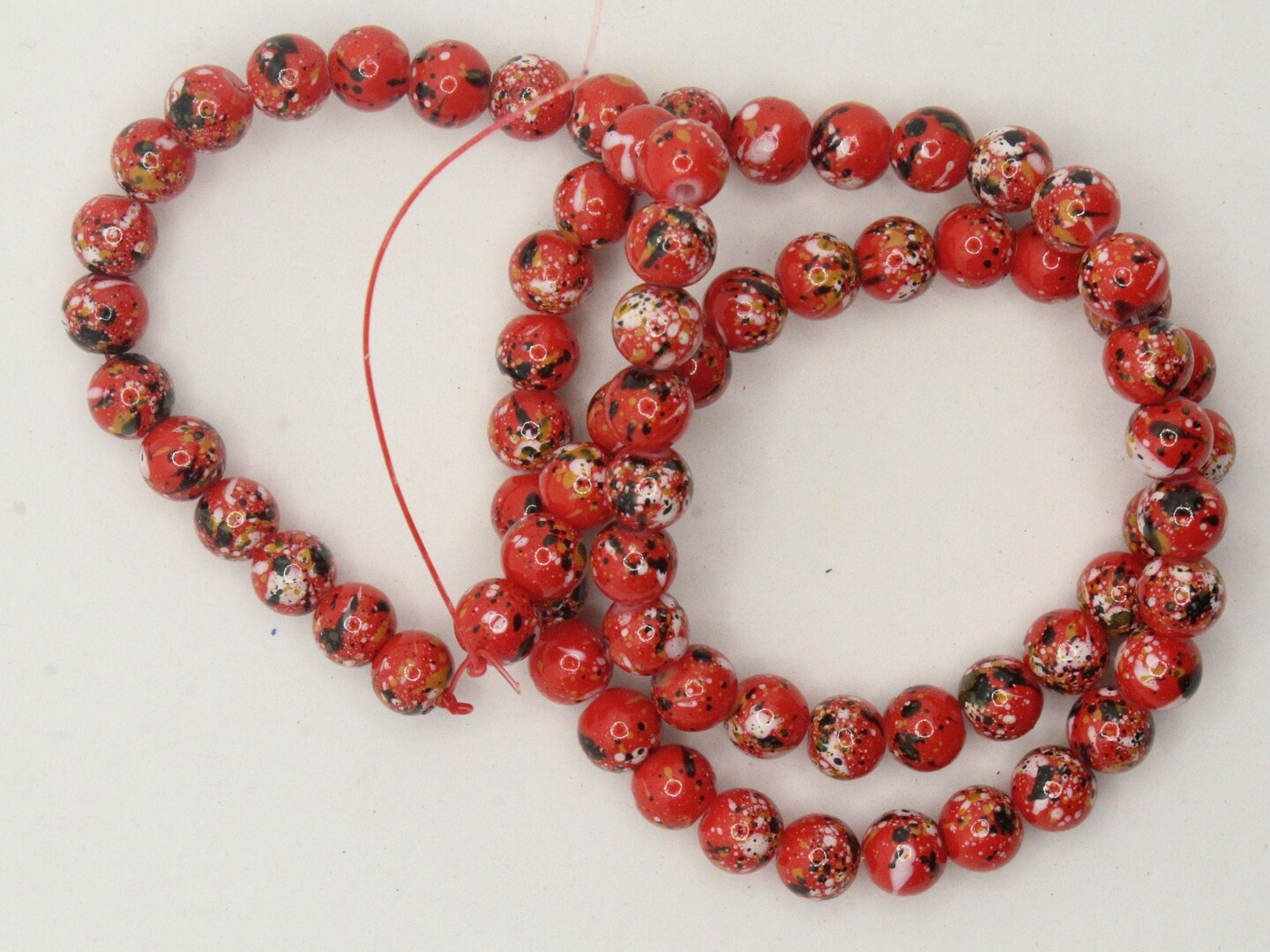 68 6mm Red Black and White Splatter Paint Round  Glass Beads