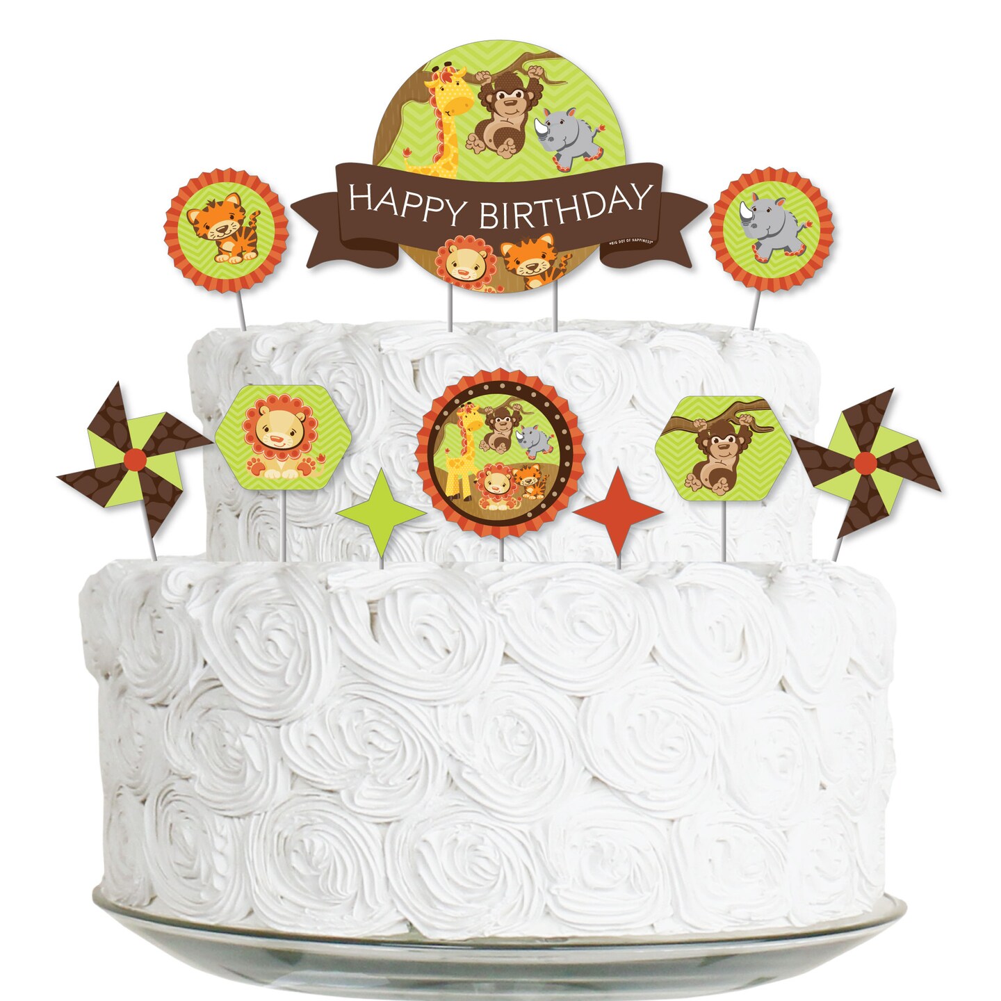 Big Dot of Happiness Funfari - Fun Safari Jungle - Birthday Party Cake Decorating Kit - Happy Birthday Cake Topper Set - 11 Pieces