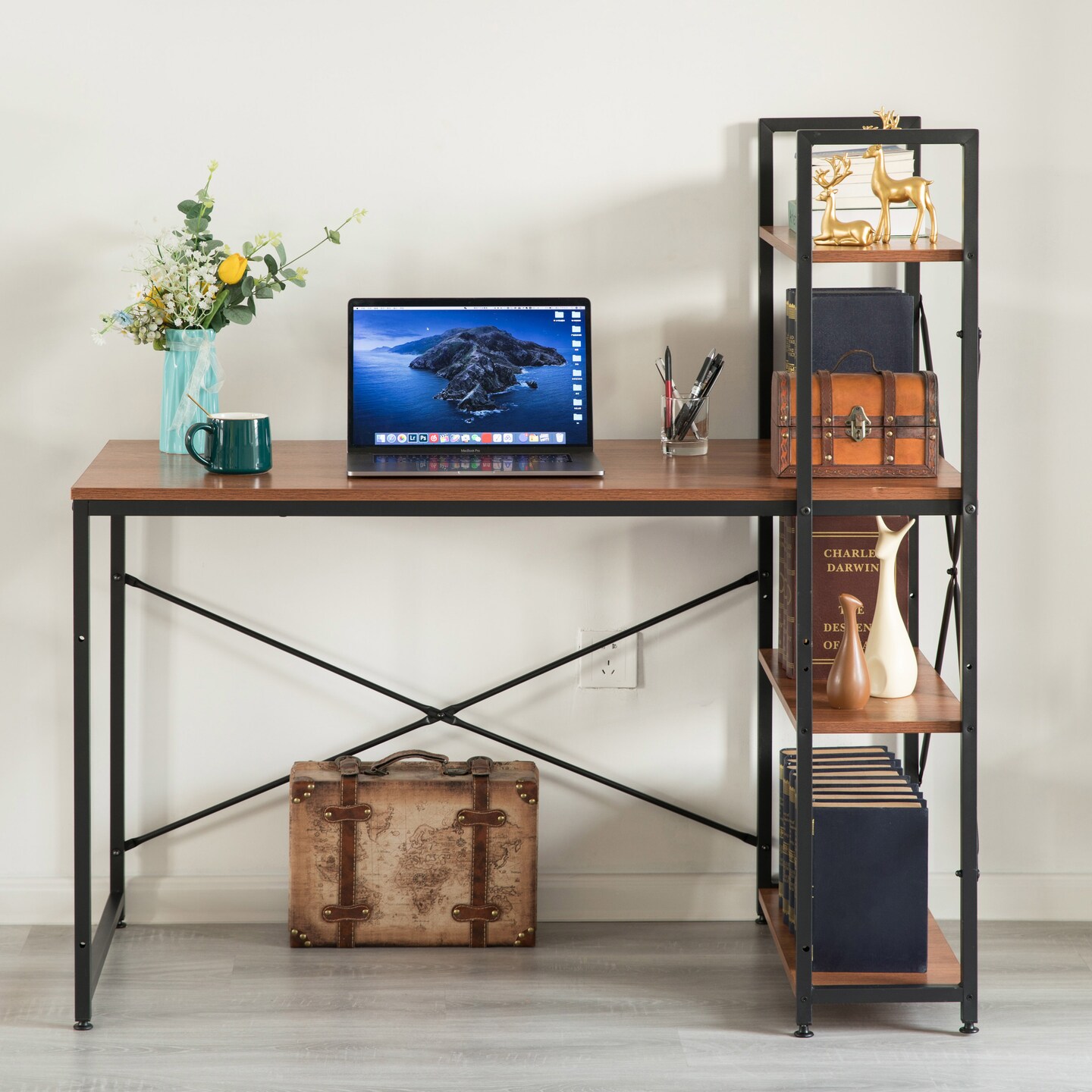 Wood and Metal Industrial Home Office Computer Desk with Bookshelves