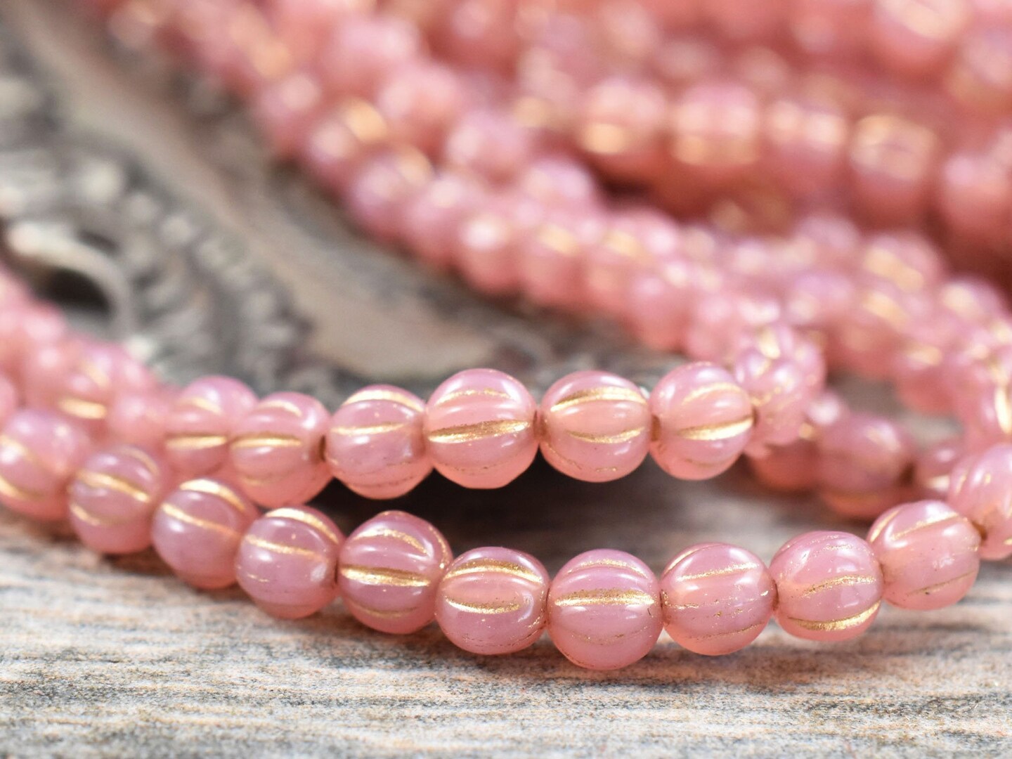 *50* 4mm Gold Washed Pink Opal Fluted Round Melon Beads
