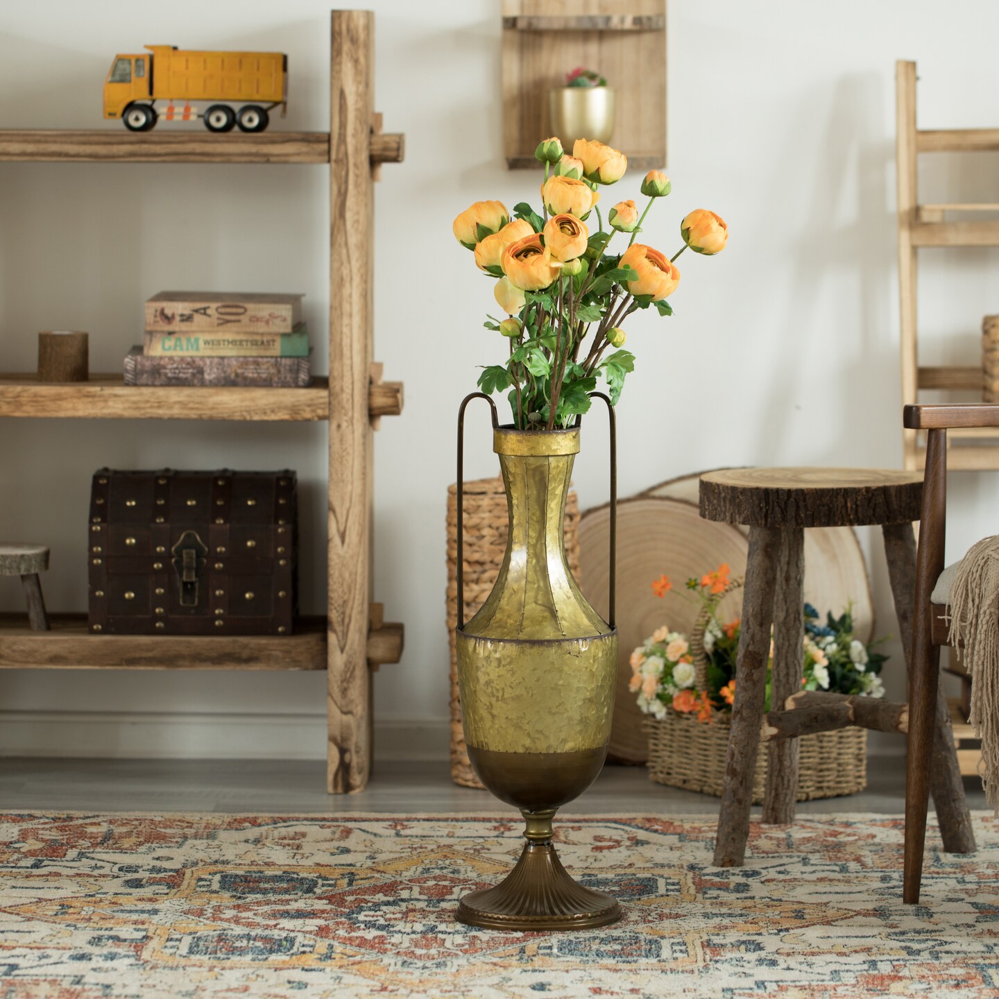 Decorative Antique Style Metal Jug Floor Vase with 2 Handles - Vintage Inspired Rustic Design for Entryway, Living Room, or Dining Room - Tall Elegant Home Decor Accent - Classic Metal Vase