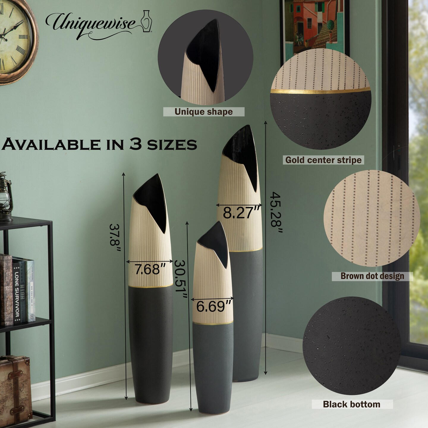  Freestanding Ceramic Floor Vase - Handcrafted Beige Polka Dot Striped Top and Black Bottom, Large Waterproof Vase for Tall Floral Arrangements, Unique Shaped Flower Holder