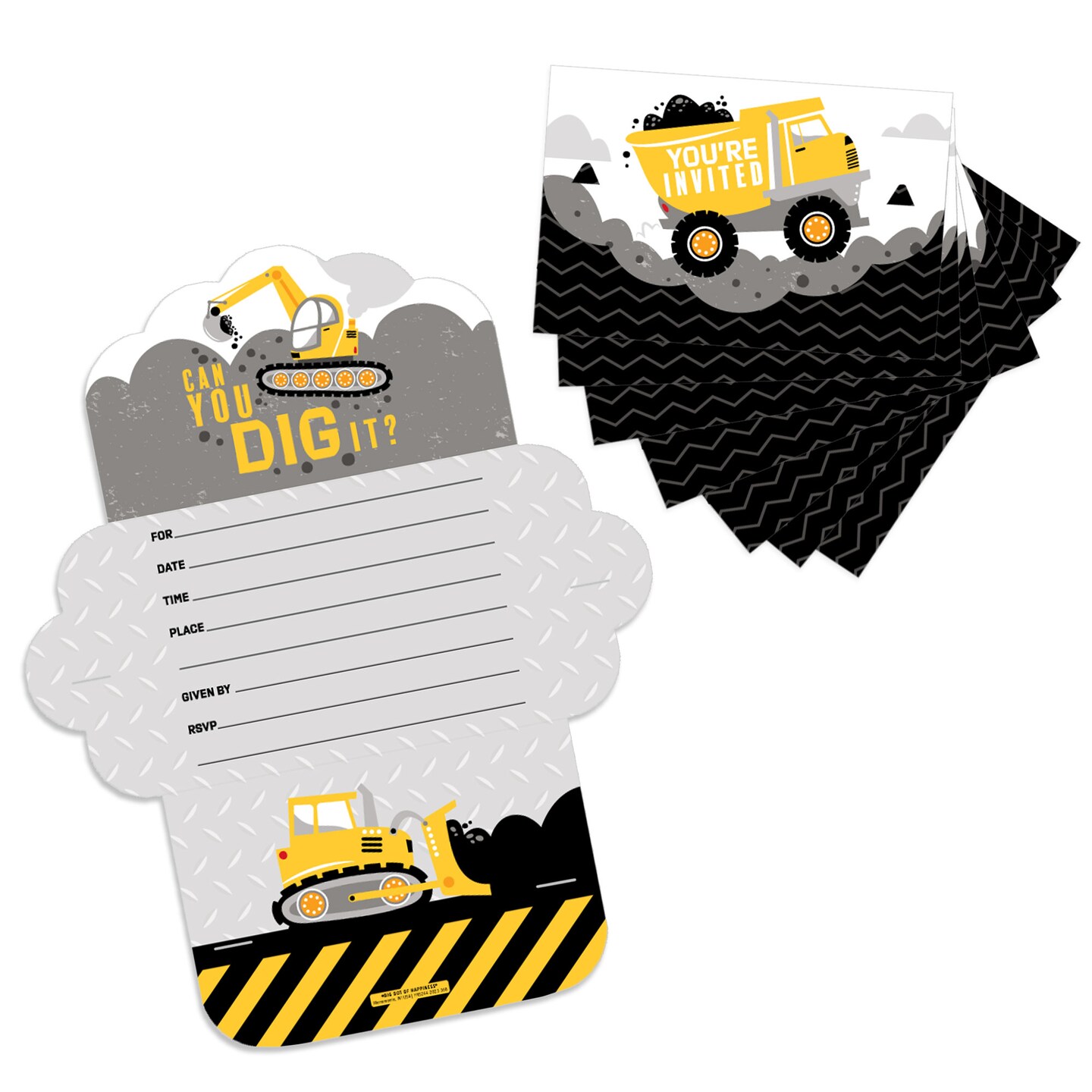 Big Dot of Happiness Dig It - Construction Party Zone - Fill-In Cards - Baby Shower or Birthday Party Fold and Send Invitations - Set of 8