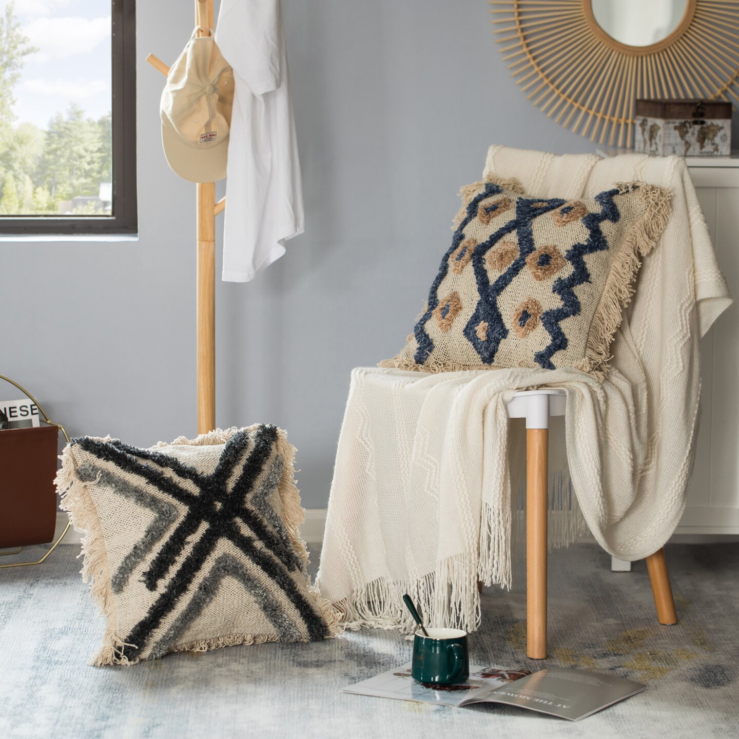 16" Handwoven Cotton & Silk Throw Fringed Pillow Cover Embossed Zig Zag & Crossed Lines Design