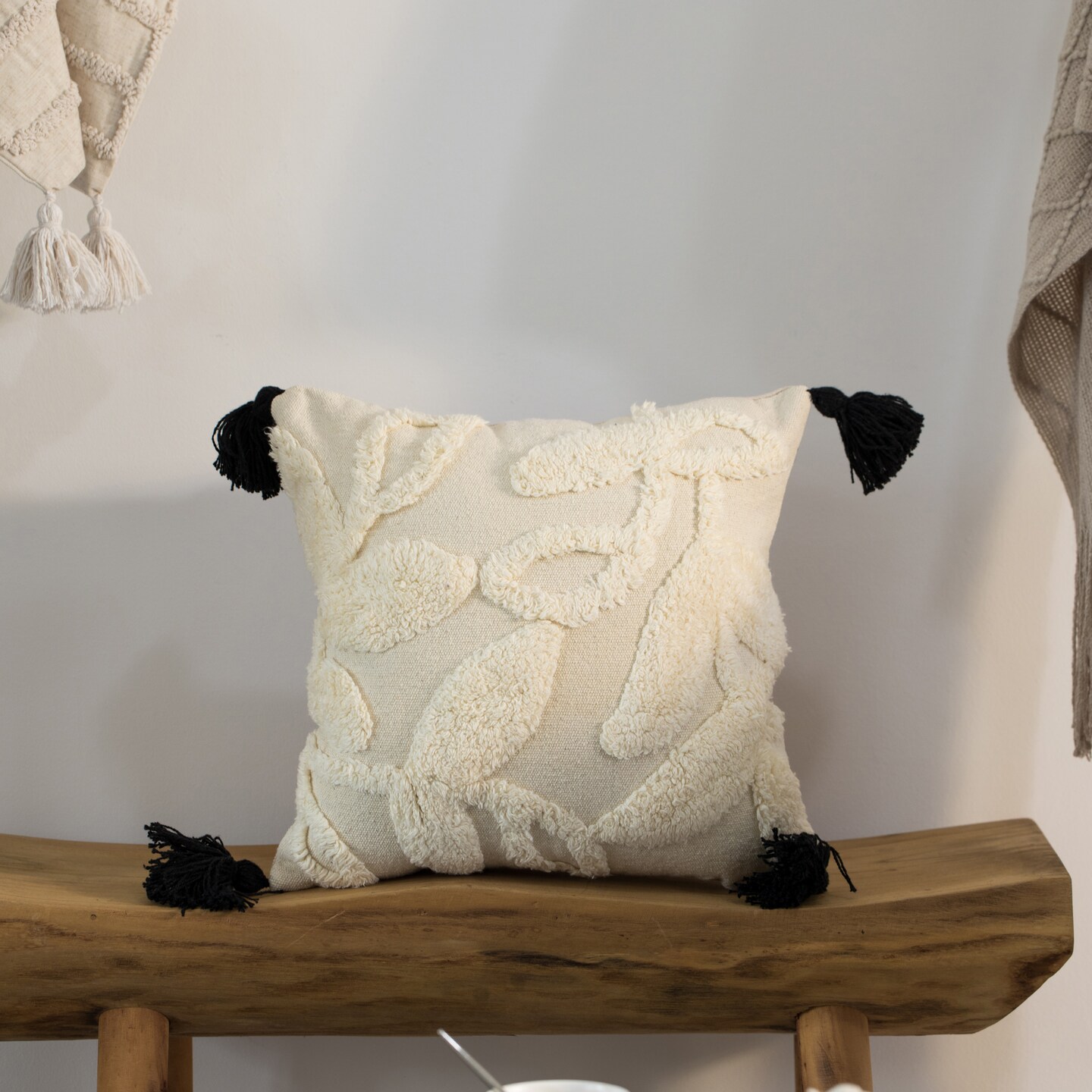16" Handwoven Cotton Throw Pillow Cover with White on White Tufted Design and Tassel Corners