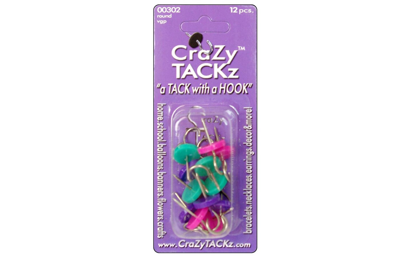 Crazy Tackz Tack With A Hook Rnd Vio/Grn/Pnk 12pc