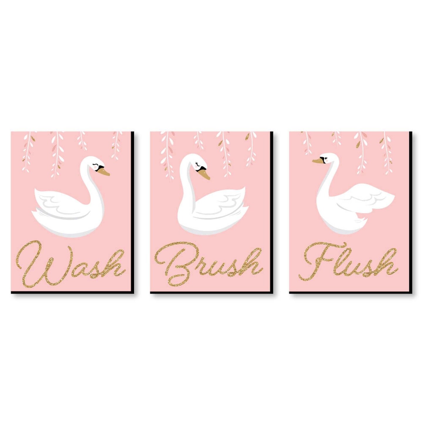 Big Dot of Happiness Swan Soiree - Kids Bathroom Rules Wall Art - 7.5 x 10 inches - Set of 3 Signs - Wash, Brush, Flush