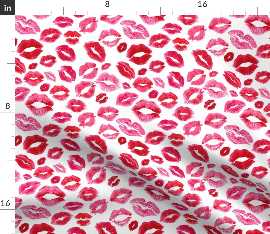 Love Lips Red Valentine Beauty Lipstick Kisses Watercolor Valentines Day Girly Makeup Custom Printed Fabric by Spoonflower Various Fabrics by the Yard or Fat Quarter