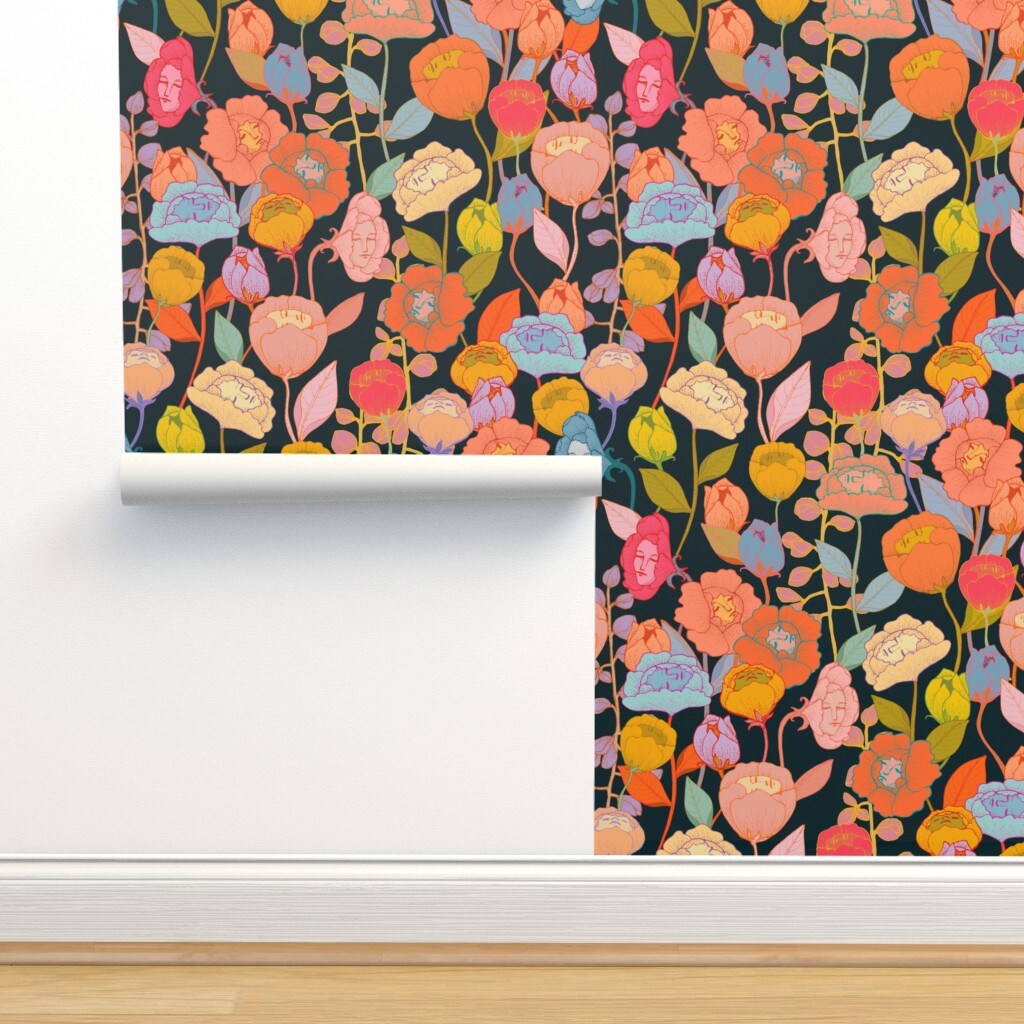 Surreal Floral Flower Faces Spooky Fantasy Tropica Hawaiian Wonderland Exotic Magical Custom Removable Wallpaper by Spoonflower Peel & Stick Wallpaper 2FT Wide