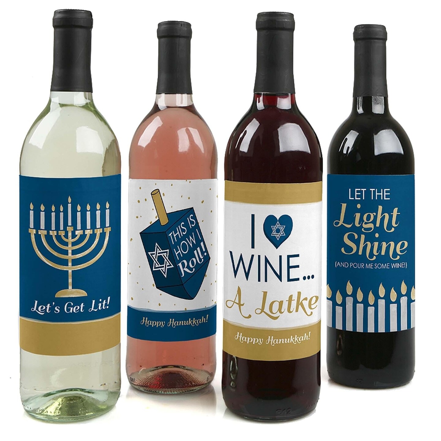Big Dot of Happiness Happy Hanukkah - Chanukah Decorations for Women and Men - Wine Bottle Label Stickers - Set of 4