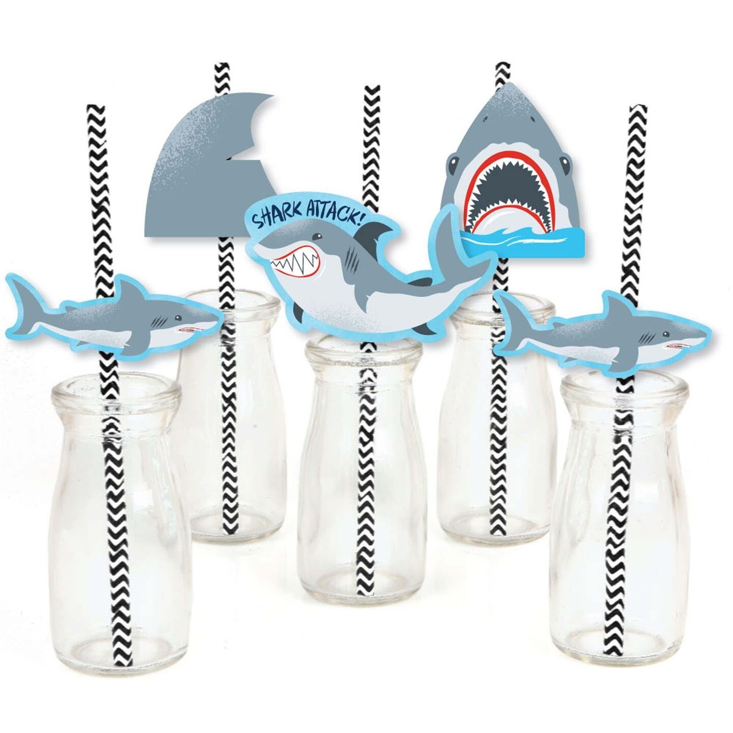 Big Dot of Happiness Shark Zone - Paper Straw Decor - Jawsome Party or Birthday Party Striped Decorative Straws - Set of 24