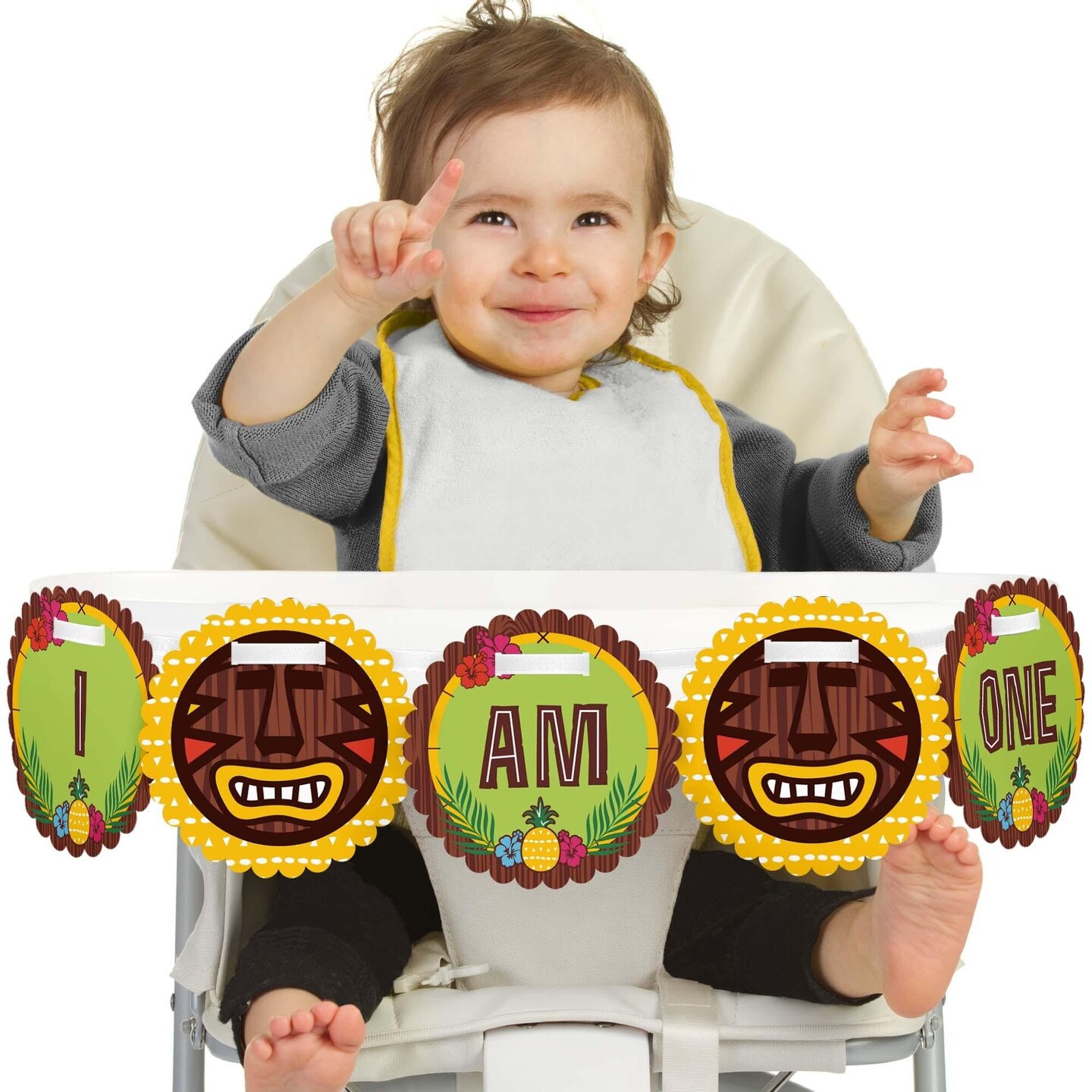 Big Dot of Happiness Tiki Luau 1st Birthday Highchair Decor - I Am One - First Tropical Hawaiian Summer Birthday High Chair Banner
