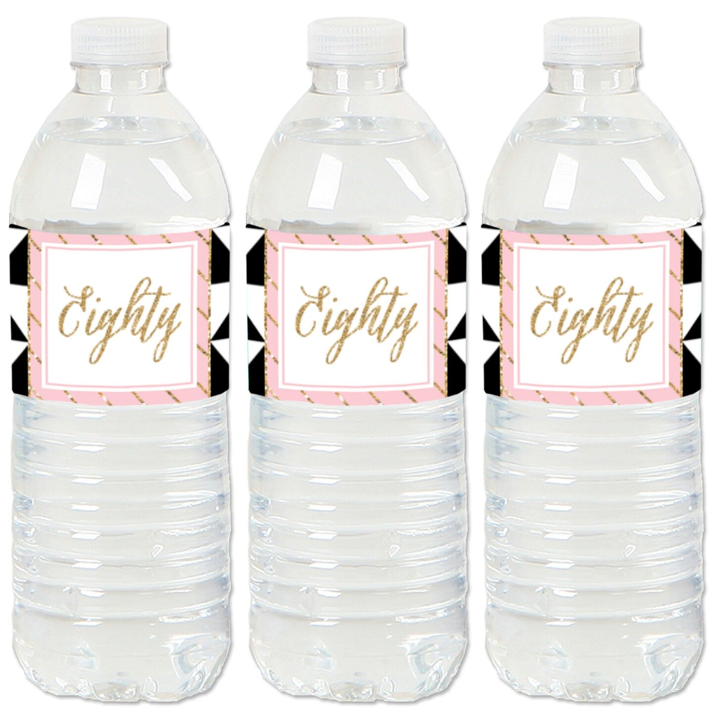 Big Dot of Happiness Chic 80th Birthday - Pink, Black and Gold - Birthday Party Water Bottle Sticker Labels - Set of 20