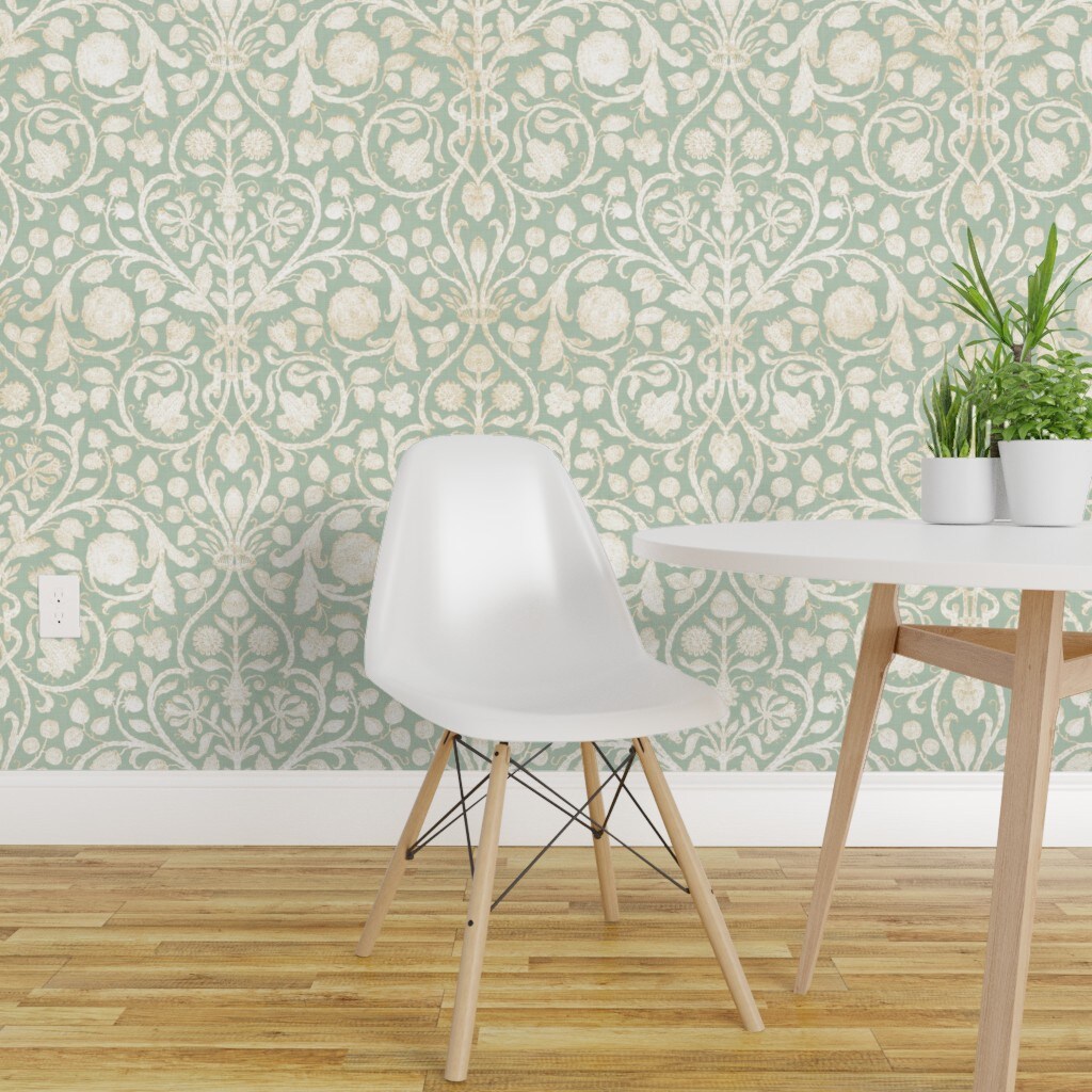 Pre-Pasted Wallpaper 2FT Wide Damask Floral French Green Aqua Custom ...