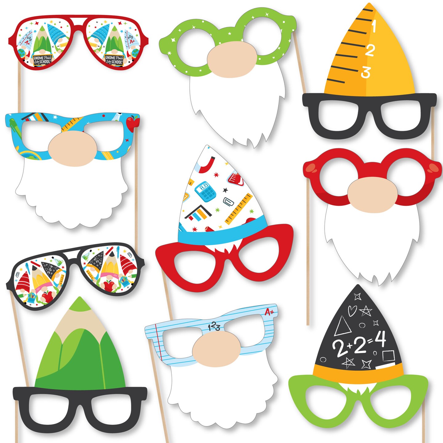 Big Dot of Happiness School Gnomes Glasses - Paper Card Stock Teacher and Classroom Decorations Photo Booth Props Kit - 10 Count