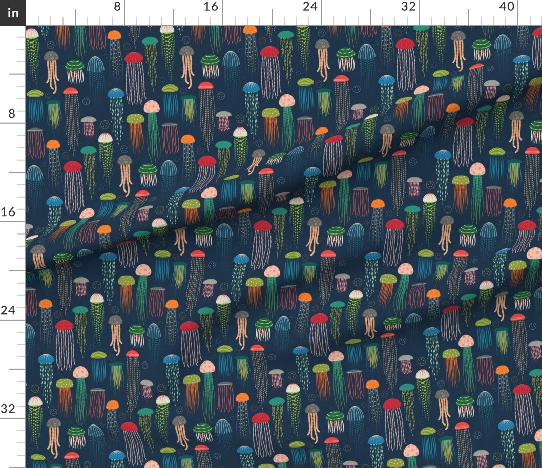 Jellyfish Nautical Underwater Sea Life Ocean Animals Pink Red Blue Orange Custom Printed Fabric by Spoonflower Various Fabrics by the Yard or Fat Quarter