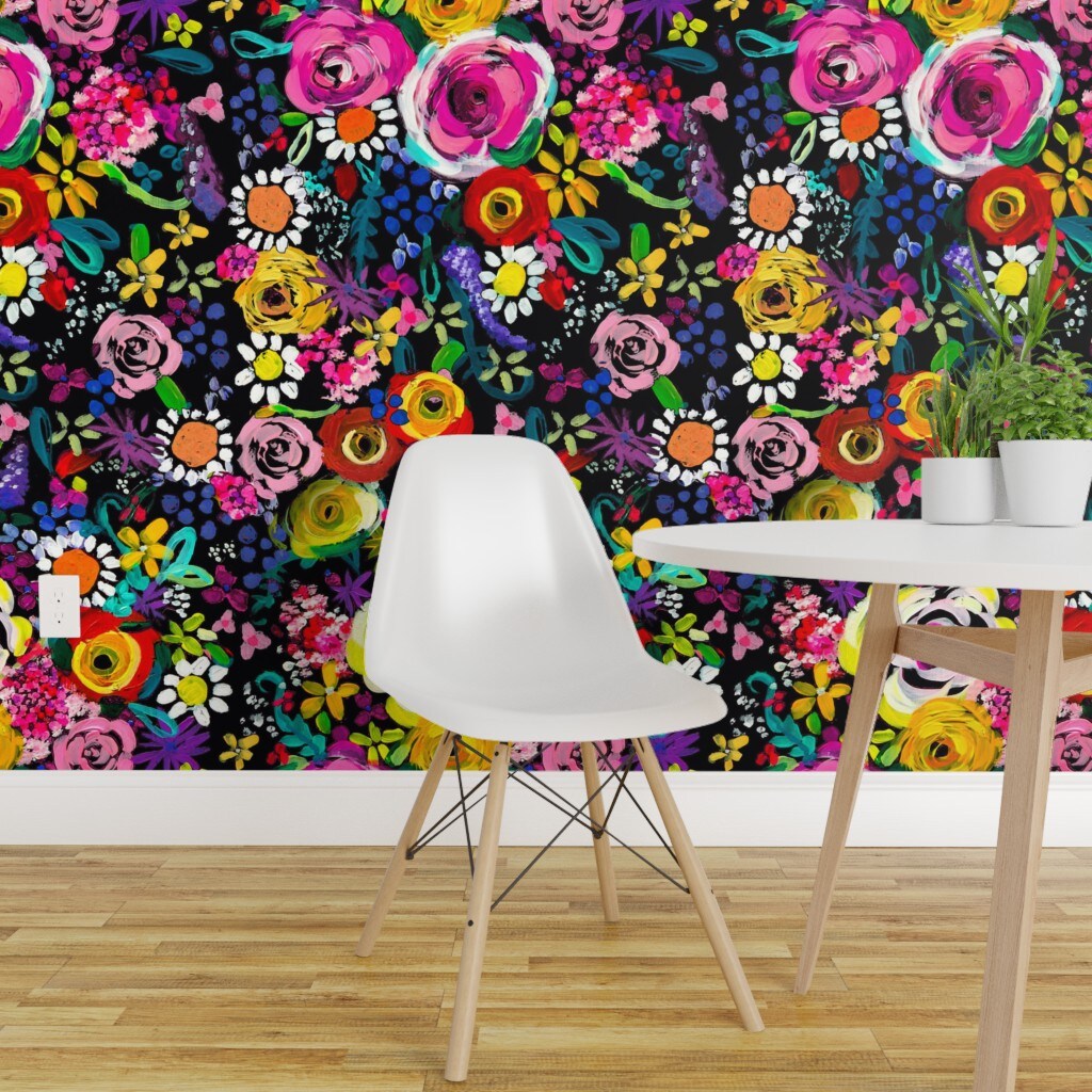 Peel & Stick Wallpaper 2FT Wide Bright Floral Painting Colorful Florals With Black Backg Neon Summer Flower Custom Removable Wallpaper by Spoonflower