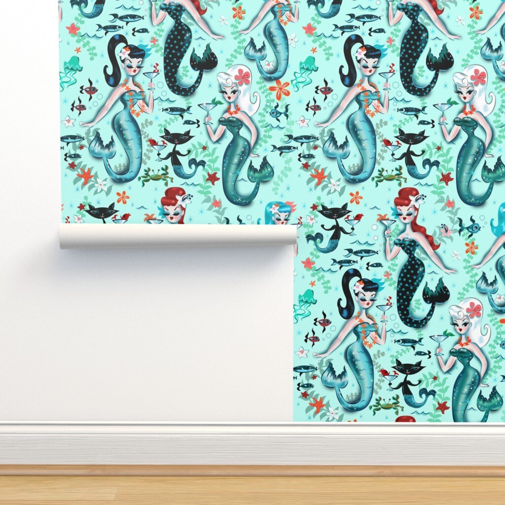 Midcentury Mod, Mermaids, Martini, Retro, Cocktail, Aqua, Cat, Starfish, Vintage, Kistch, Mod Custom Pre-pasted Wallpaper by Spoonflower Pre-Pasted Wallpaper 2FT Wide