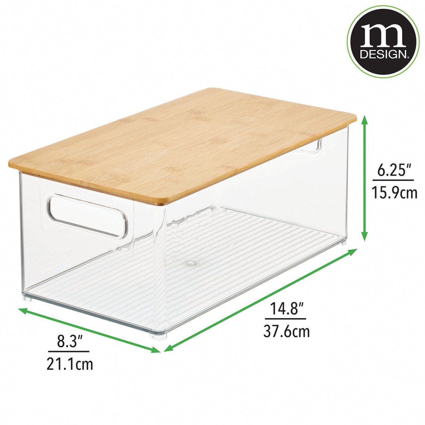 mDesign Plastic Kitchen Storage Box - Bamboo Lid, Handles