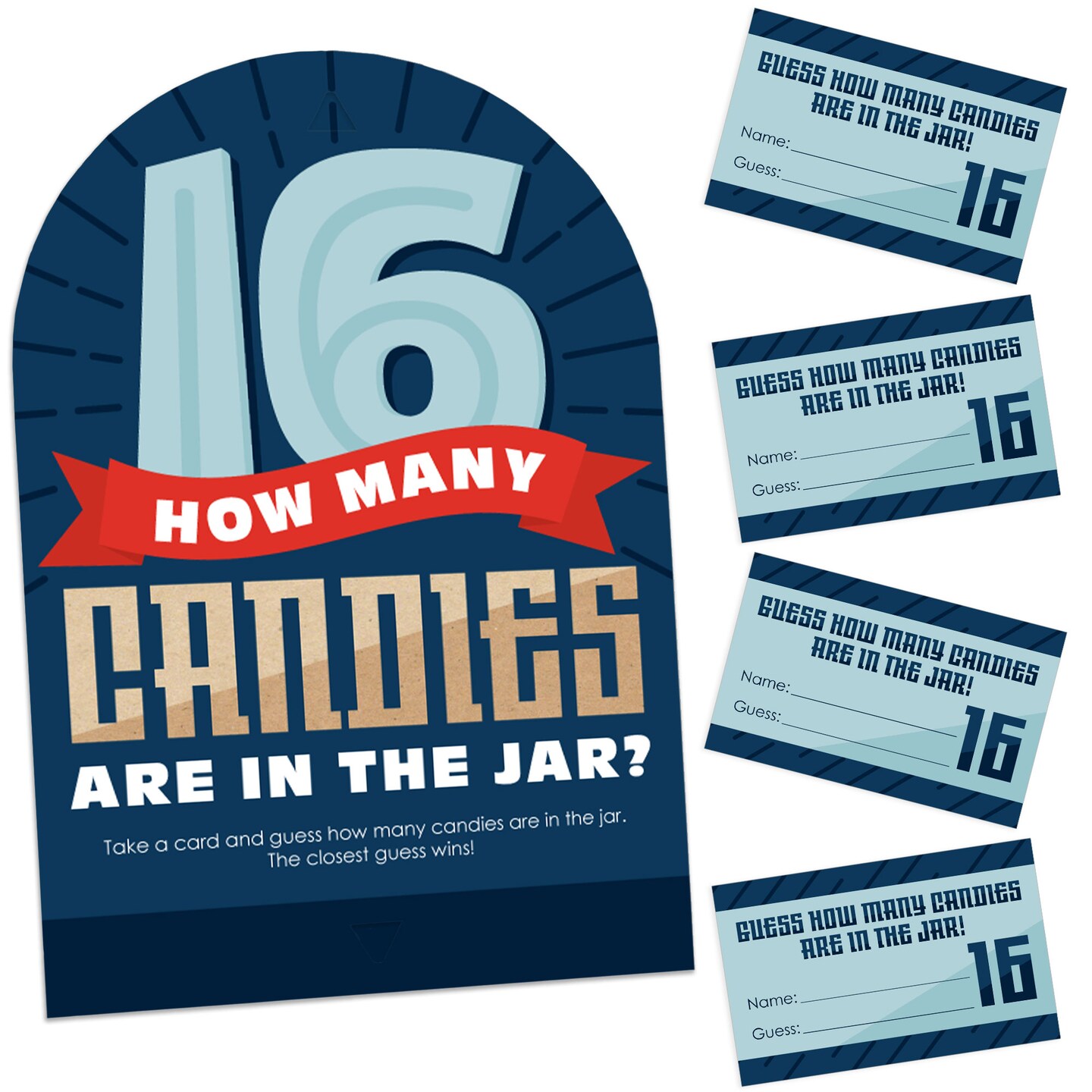 Big Dot of Happiness Boy 16th Birthday - How Many Candies Sweet Sixteen Birthday Party Game - 1 Stand and 40 Cards - Candy Guessing Game