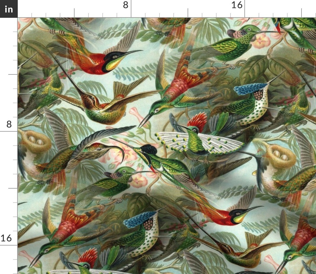 Vintage Hummingbird Wild Birds Botanical Nature Victorian Green Aqua Custom Printed Fabric by Spoonflower Various Fabrics by the Yard or Fat Quarter