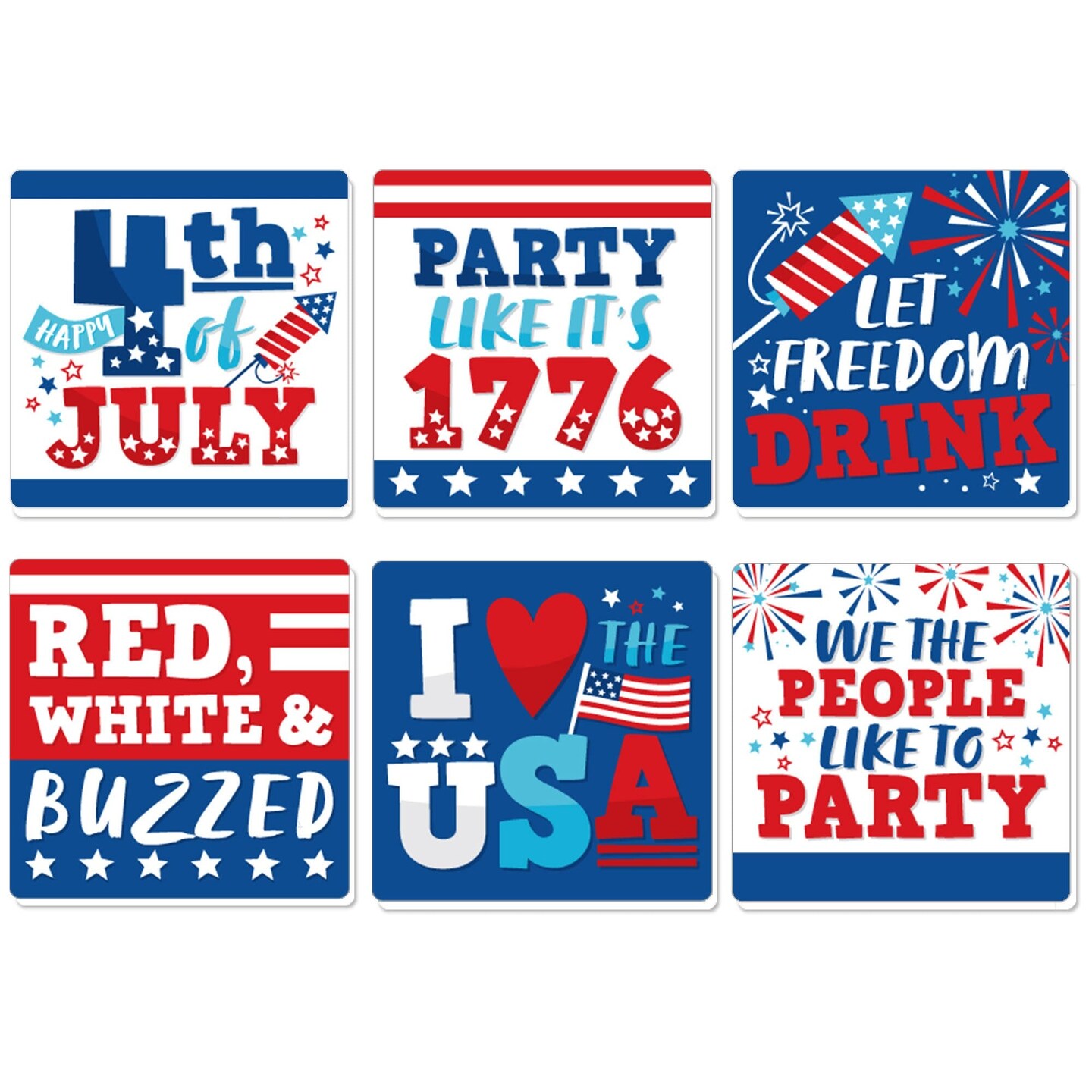 Big Dot of Happiness Firecracker 4th of July - Funny Red, White and Royal Blue Party Decorations - Drink Coasters - Set of 6