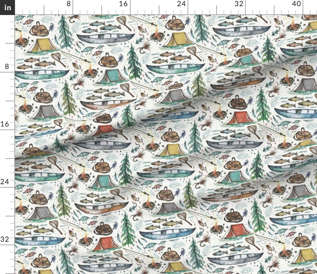 Various Fabrics by the Yard or Fat Quarter Country Nature Boys Fish Whimsical Lake Fishing Camping Cabin Hunting Tents Canoes House Fly Custom Printed Fabric by Spoonflower