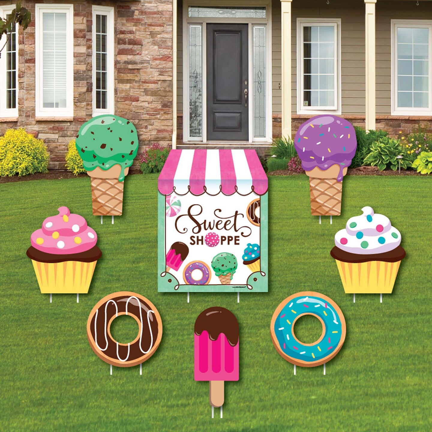Big Dot of Happiness Sweet Shoppe - Yard Sign &#x26; Outdoor Lawn Decorations - Candy and Bakery Birthday Party or Baby Shower Yard Signs - Set of 8