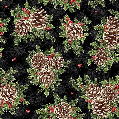 Evergreen Bows Pine Cone Metallic Christmas Cotton Fabric by Maywood Studio