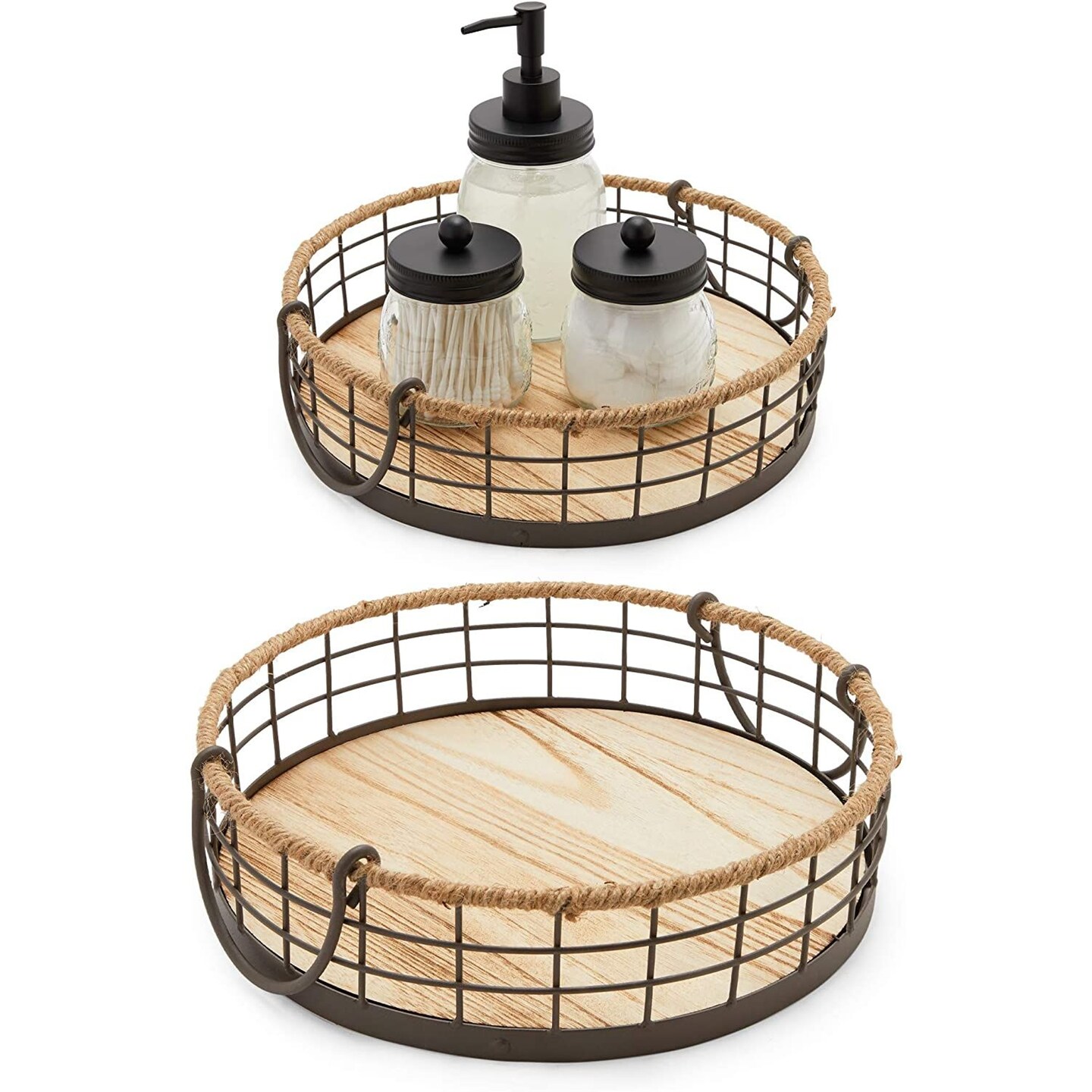 Round Wood Trays with Handles - Set of 2