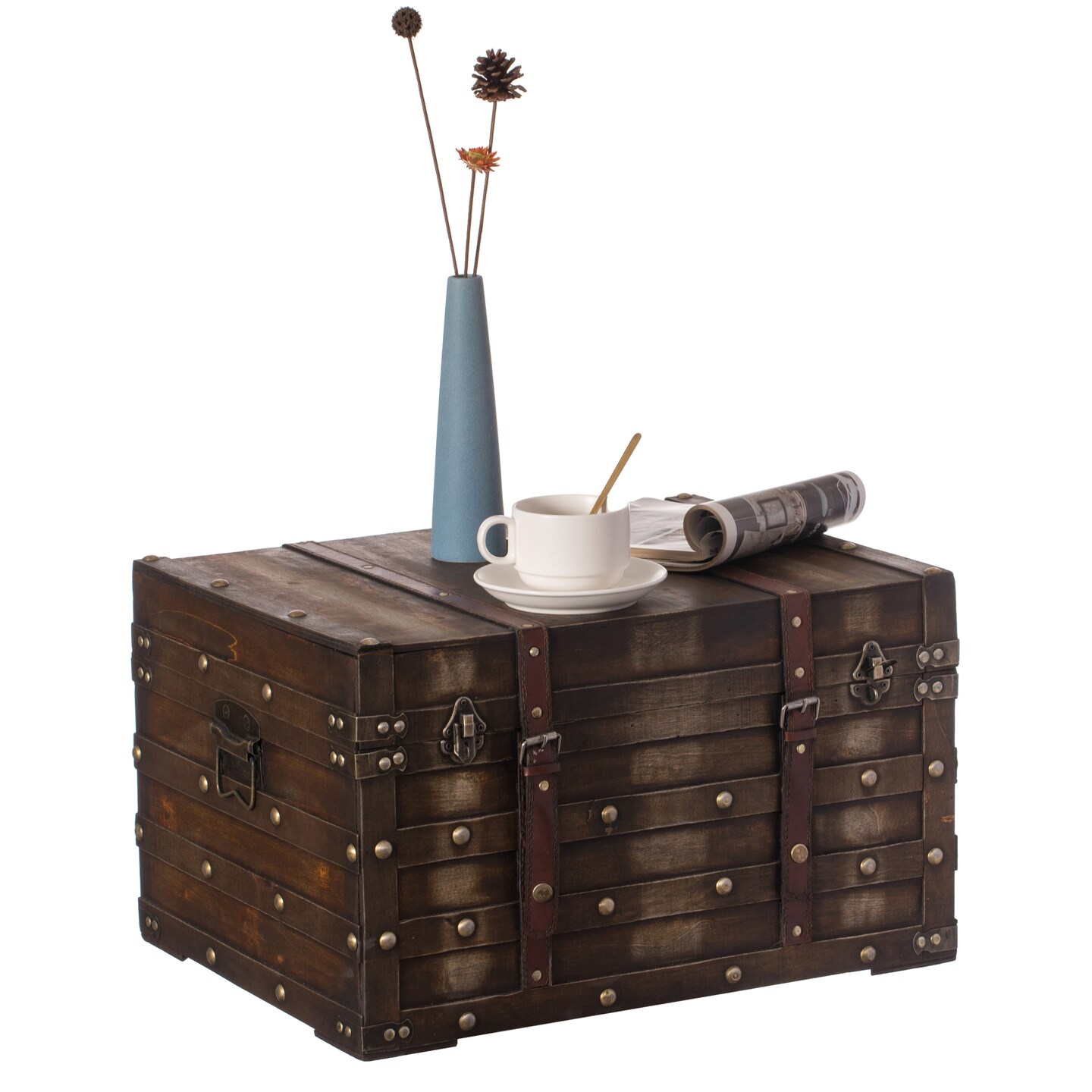 Wooden Brown Storage Trunk with Faux Leather Straps and Handles