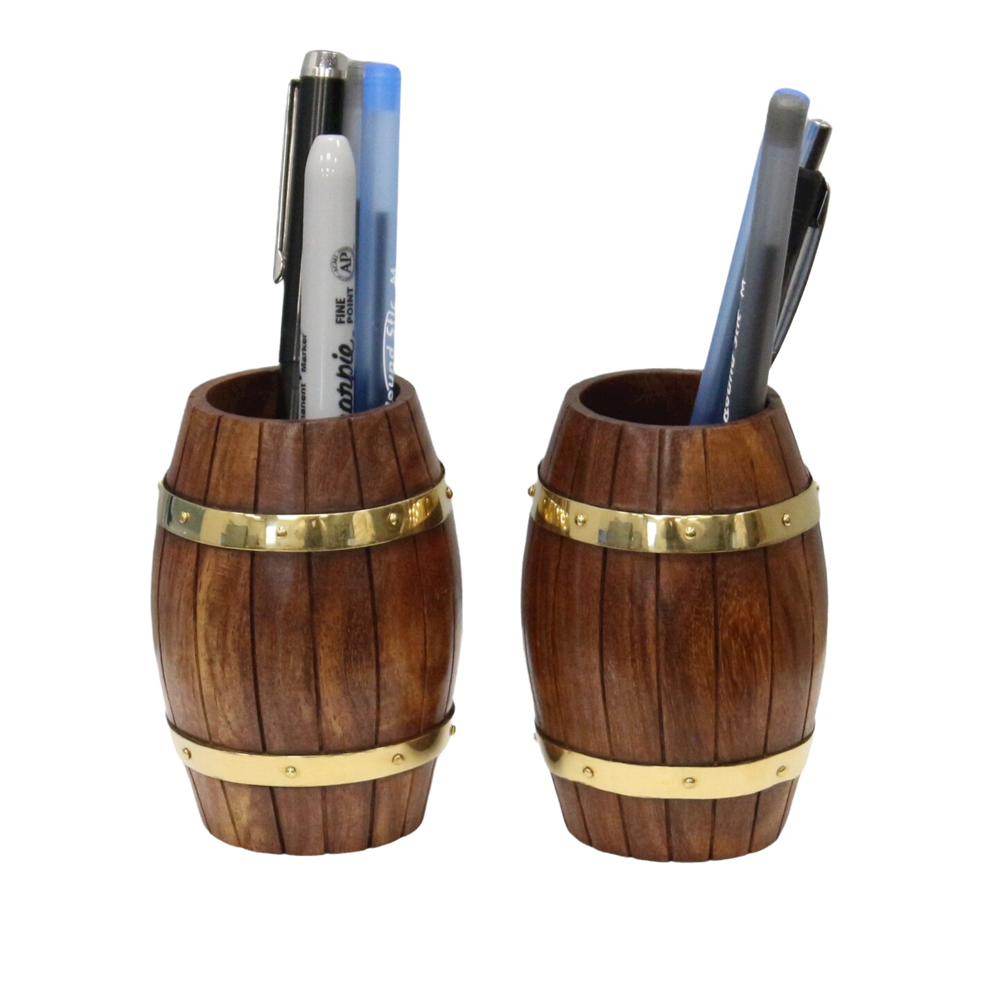 Set of Two Decorative Wine Barrel Shaped Wooden Pen Holders for Office Desk, or Entryway