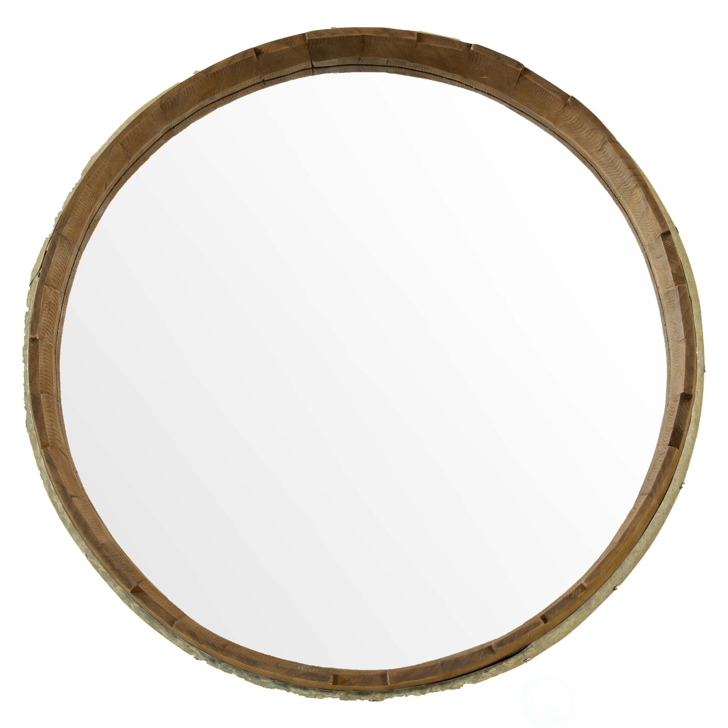 Round Rustic Wood and Galvanized Metal Framed Wine Barrel Shaped Wall Mirror