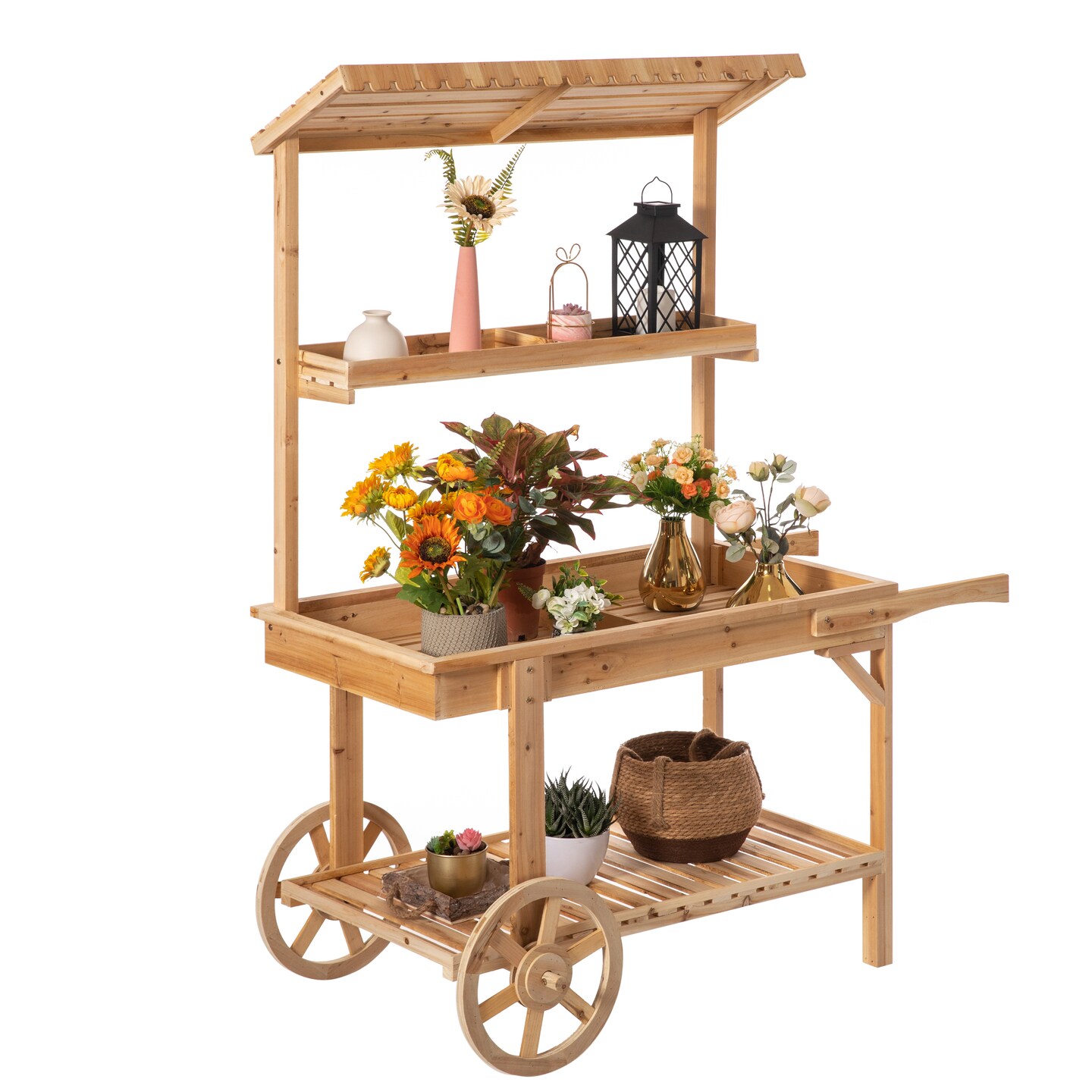 Antique Solid Wood Decor Display Rack Cart Wood Plant Stands with Wheels for Decor Display | 2 Wheeled Wood Wagon with Shelves for Plants and More