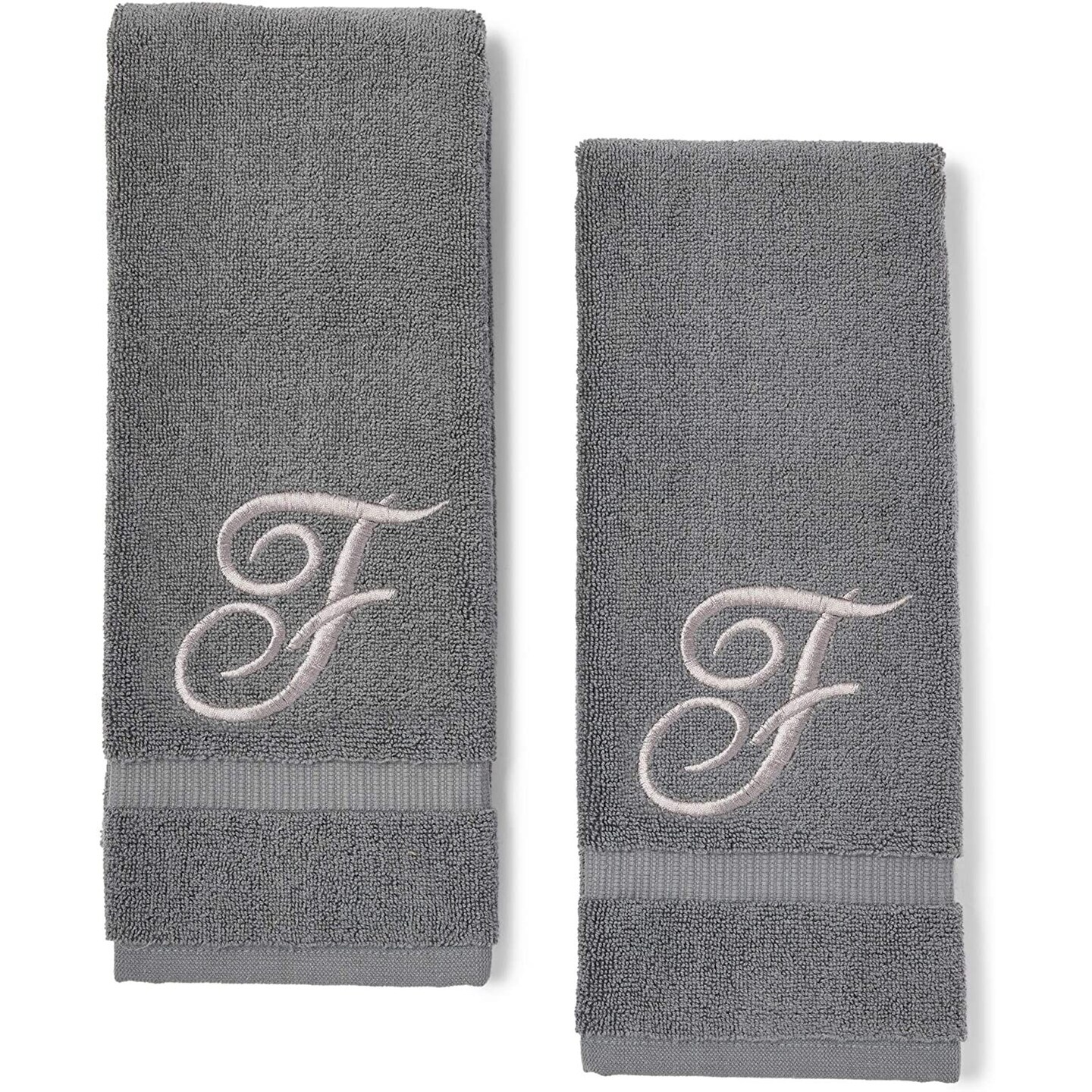 Monogrammed Hand Towel, Embroidered Letter F (Grey, 16 x 30 in, Set of 2)