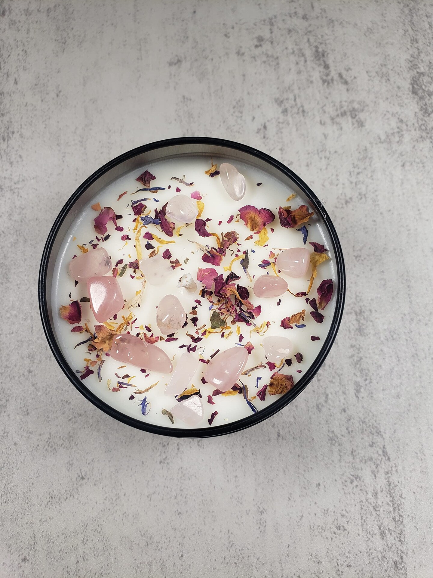 Enchanted Rose 8oz Tin Jar Candle Hand Poured with All Natural Soy Wax and Fragrant/Essential Oils! Dried Flowers & Rose Quartz Crystals