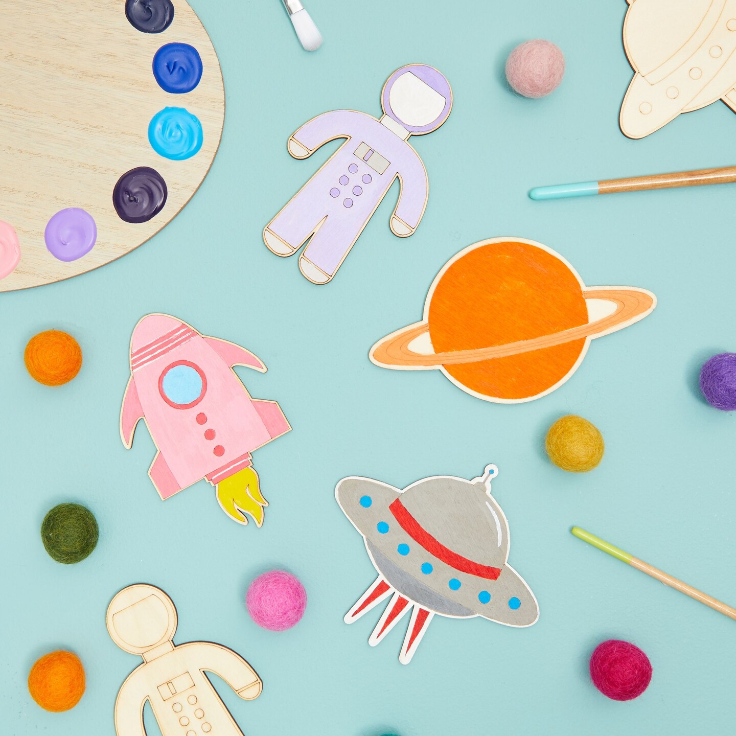 24 Pack Unfinished Wood Cutouts for Outer Space Crafts, Wooden UFO, Astronaut, Planet, Rocket Ship (5.5 x 4.6 In)