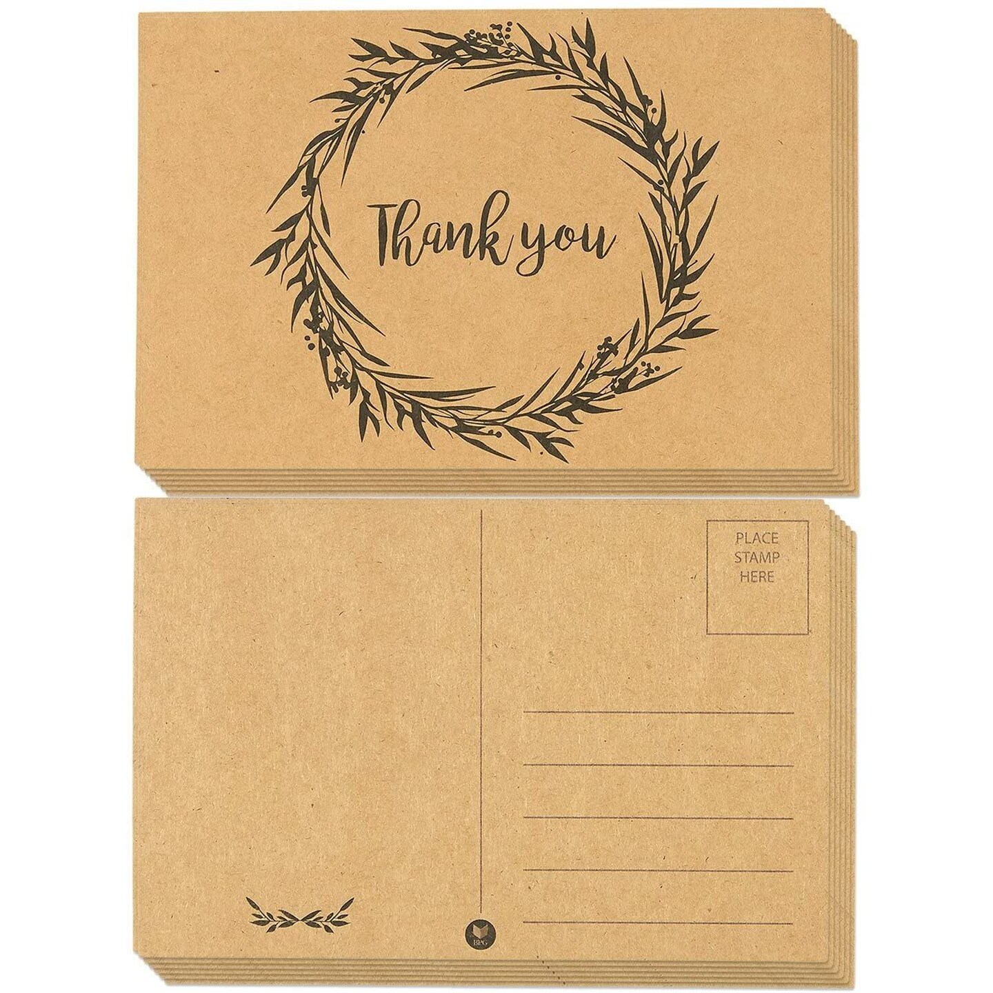 60-Pack Thank You Postcards - Kraft Paper - All Occasion Post Cards with Mailing Side- Flower Wreath Design - 4 x 6 Inches