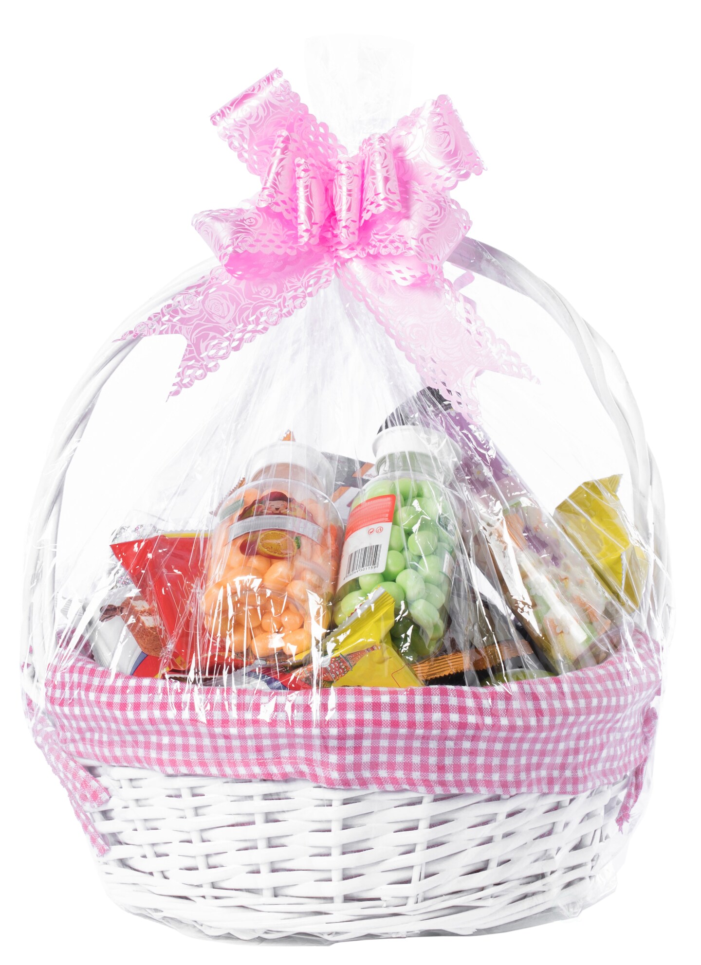 White Round Willow Gift Basket, with Gingham Liner and Handles