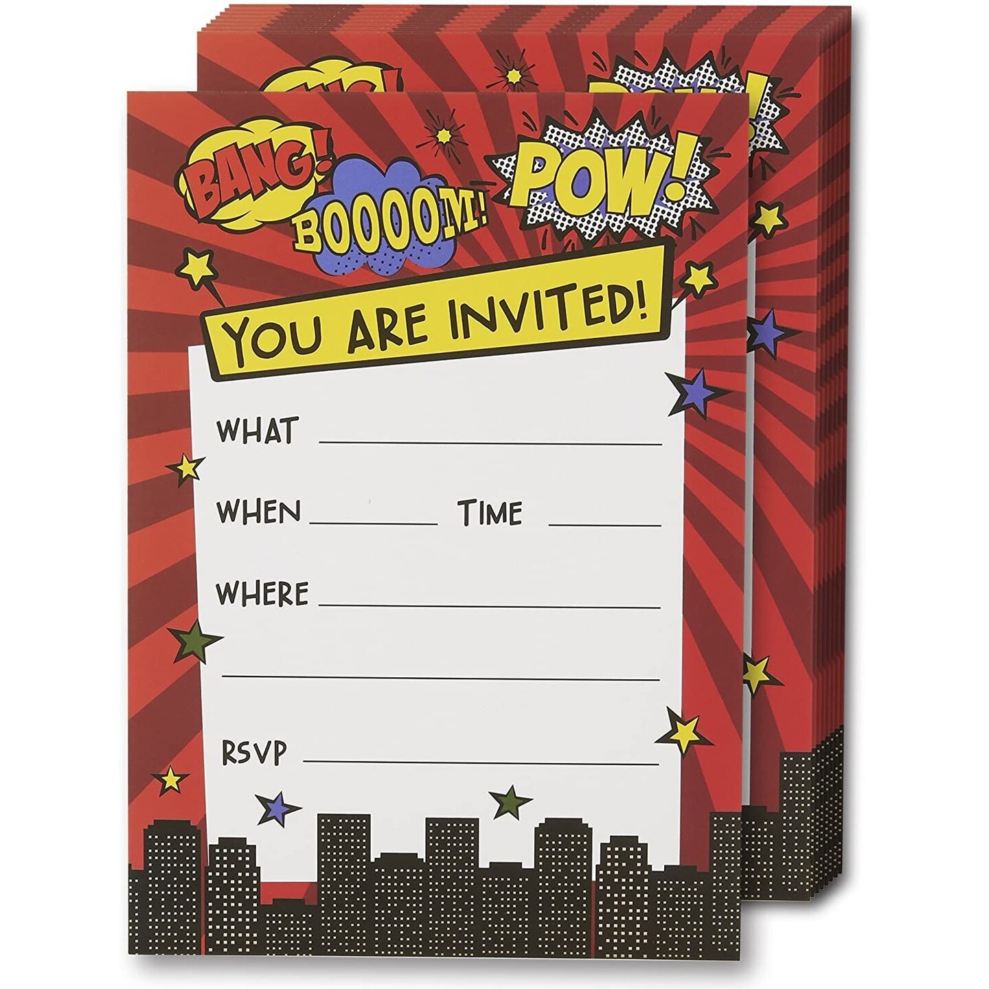 Comic Book Action Hero Birthday Party Fill-In Invitation Cards (5 x 7 In, 24 Pack)